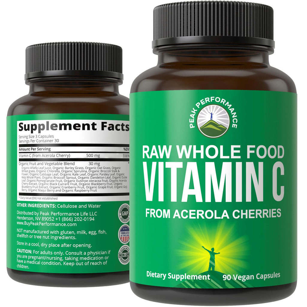 Peak Performance Raw Whole Food Natural Vitamin C Capsules from Acerola Cherry for Max Absorption. Vegan USA Sourced Vitamin C Supplement 90 Pills. 500 mg Serving or 2 Servings 1000mg Peak Performance Au supplements