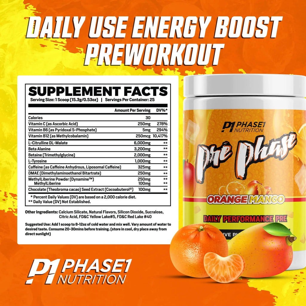 Pre Phase Daily Driver Orange Mango Pre Workout with 325mg Caffeine, Vitamin B12 Phase One Nutrition Au supplements