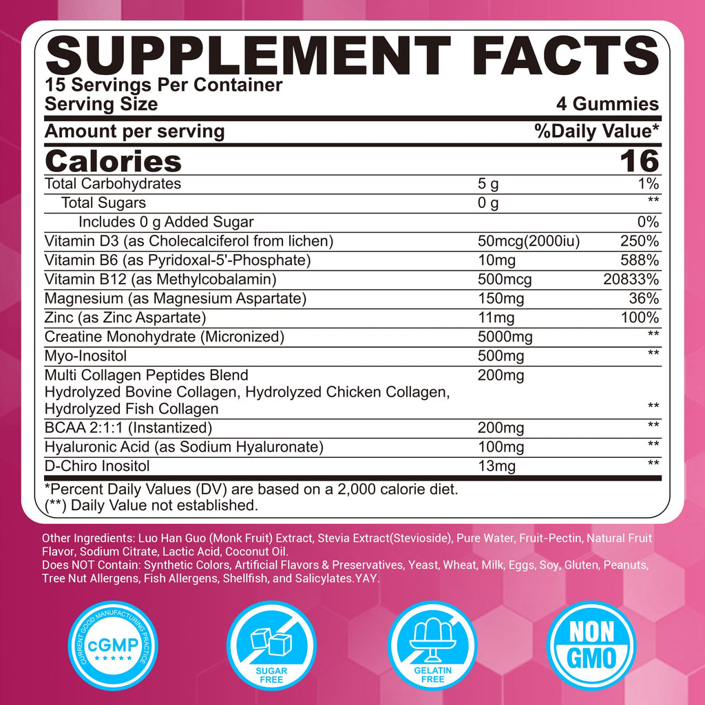 Creatine for Women Gummies, Micronized Creatine Monohydrate + Myo-Inositol, Collagen Peptides, BCAAs, Hyaluronic Acid, Vitamin B6 B12, Zinc for Enërgy, Föcus, Hörmonal Balance, Sugar Free, 120 Counts LILICARE Au supplements