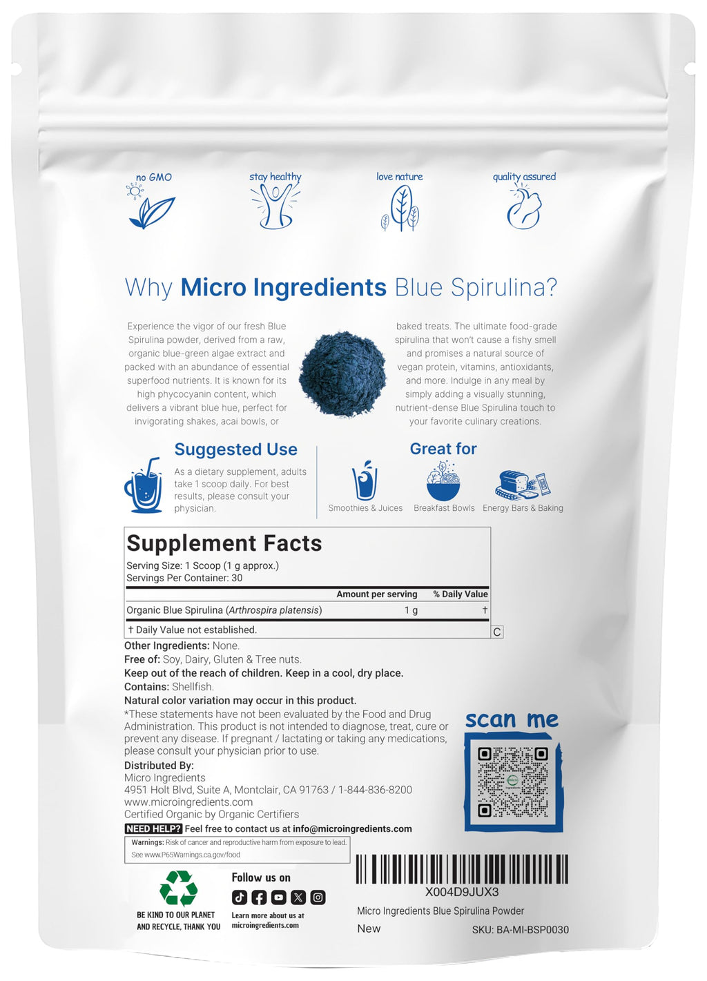 Organic Blue Spirulina Powder (Phycocyanin Extract), 30 Servings - No Fishy Smell, 100% Vegan Protein from Blue-Green Algae, Natural Luminous Food