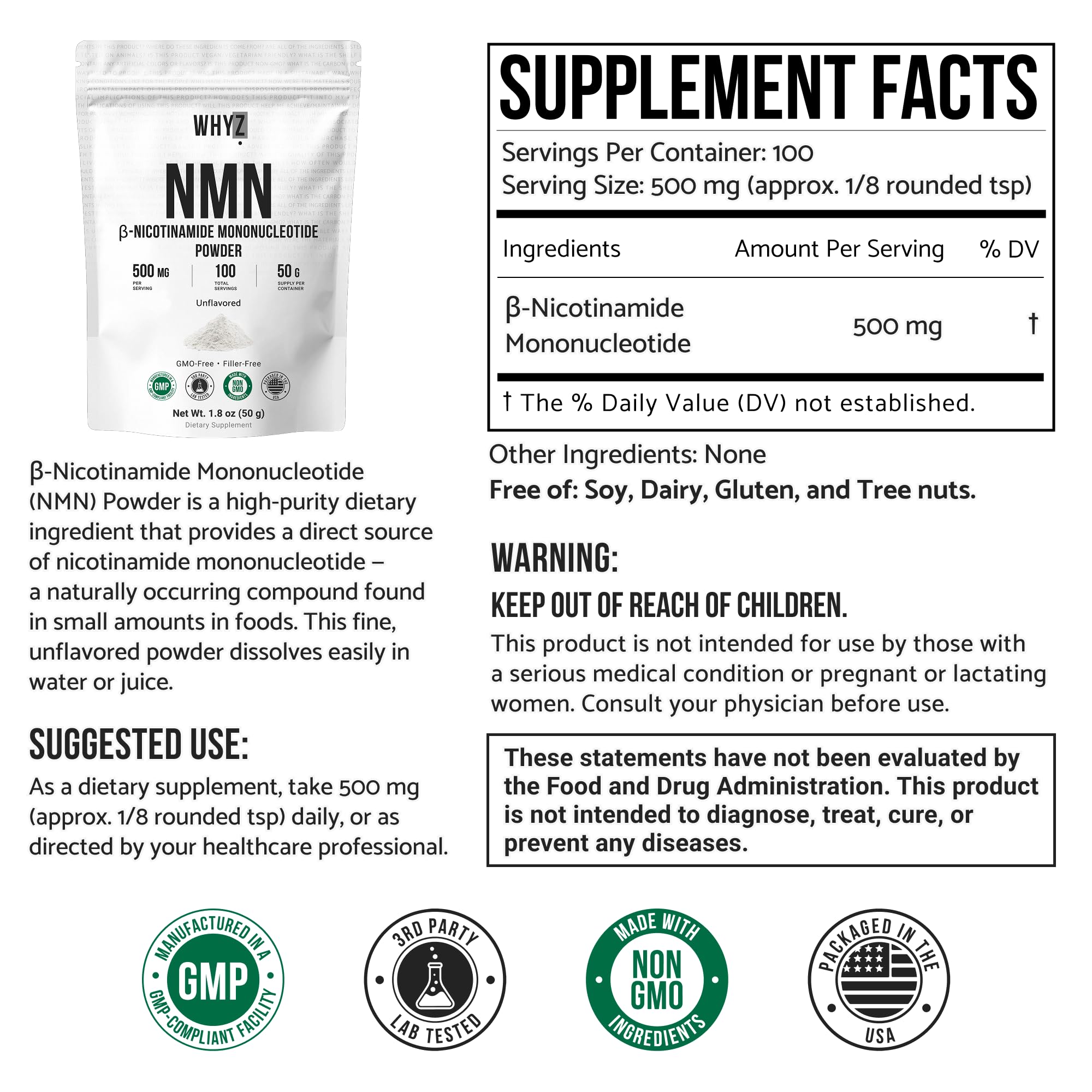 Pure NMN Powder Nicotinamide Mononucleotide Quick Dissolved NMN Supplement Powder 100% Unflavored NMN Supplement Supports NAD+ Levels Vegan Friendly Non-GMO, 50g WHYZ Au supplements