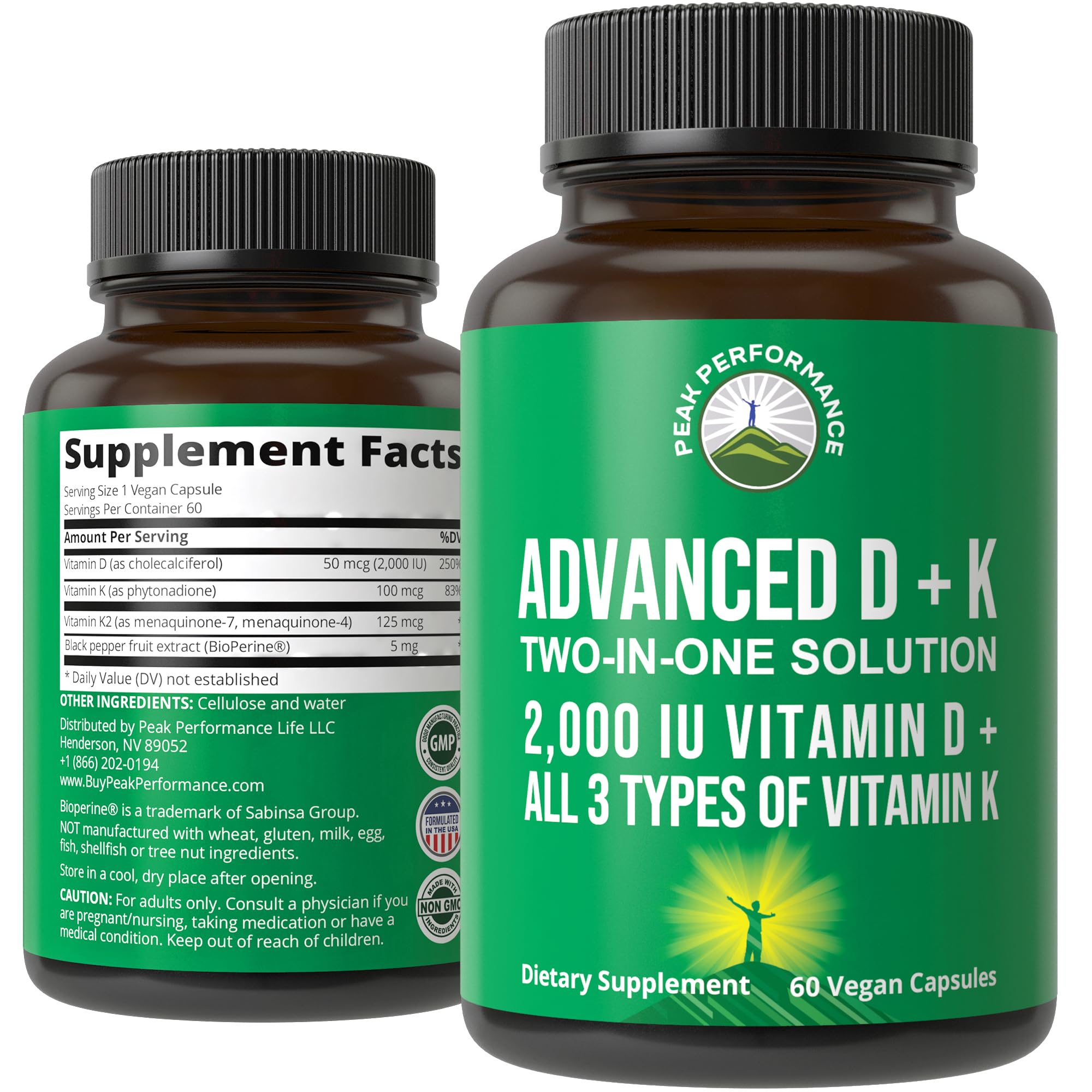 Peak Performance Advanced Vitamin D 2000 IU with All 3 Types of Vitamin K Vitamin D3 and Vitamin K2, K1, MK-7 (MK7), MK4 Supplements - 60 Small and Easy to Swallow Vegetable Pills Peak Performance Au supplements