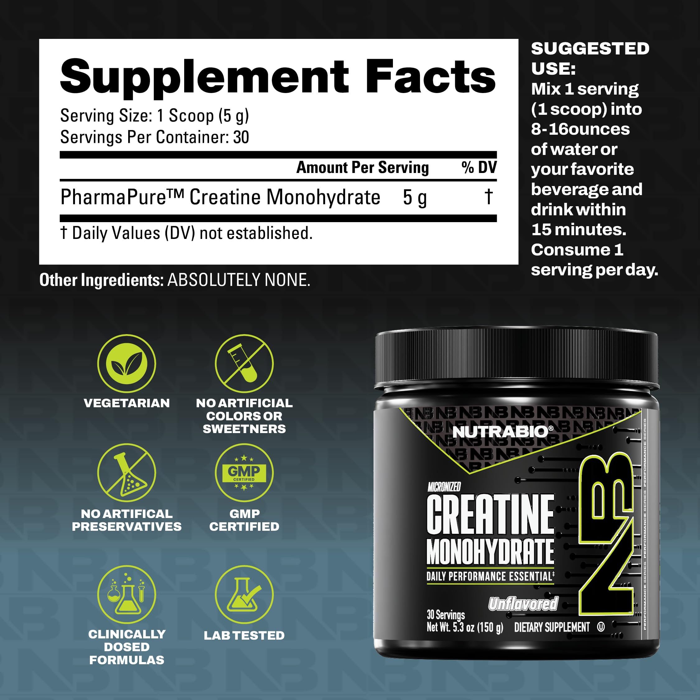 NutraBio Pure Micronized Creatine Monohydrate Powder Supplement, Unflavored, (150 g) - Supports Bulk Muscle Energy, Recovery, and Strength - HPLC Tested Creatine Powder Supplement for Men and Women