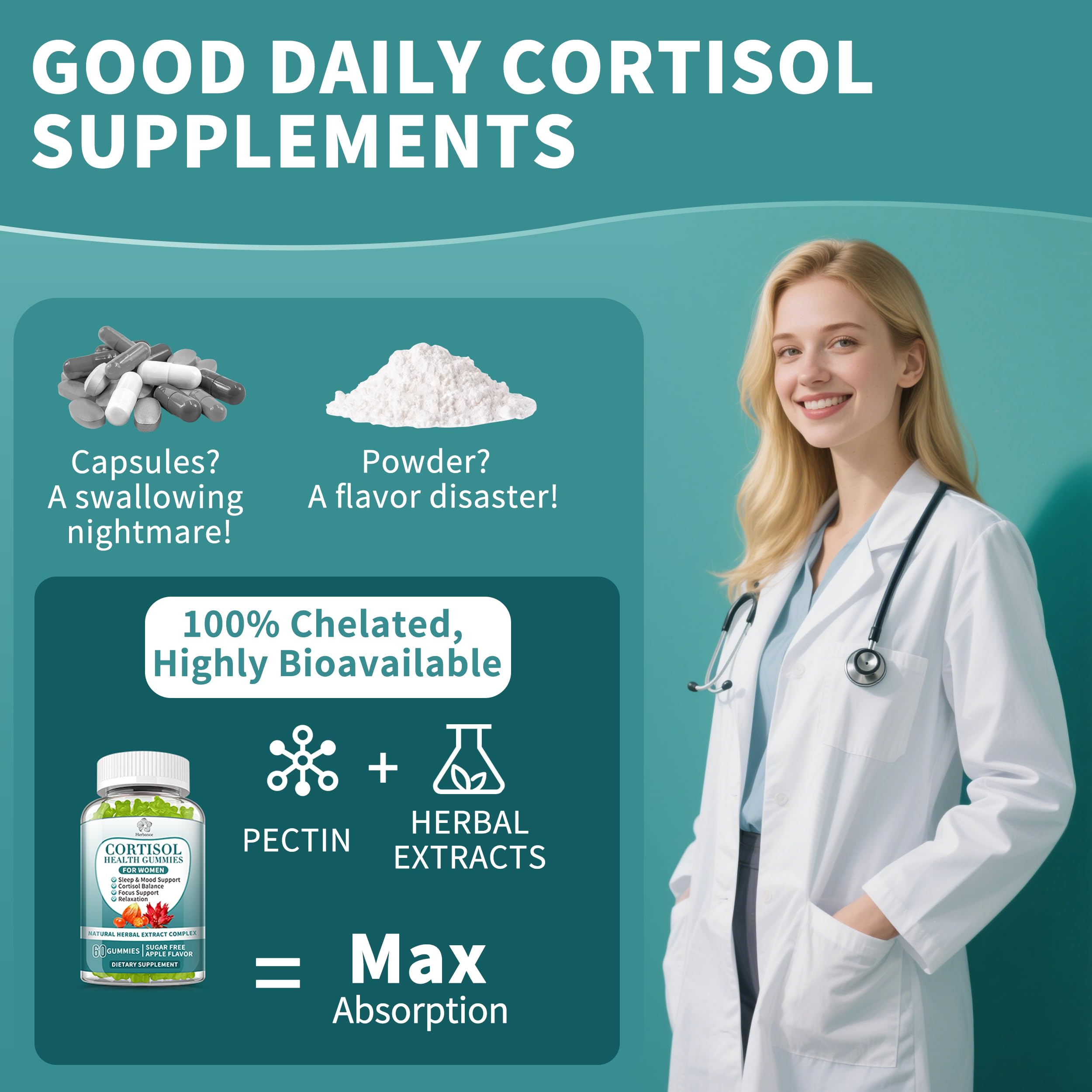 Cortisol Supplements Gummies for Women, Cortisol Reducer w.Ashwagandha Rhodiola Rosea Magnesium L-Theanine Phosphatidylserine Black Peper, Hormone Balanced & Lower Cortisol - 30 Day Vegan Supply Herbance Au supplements