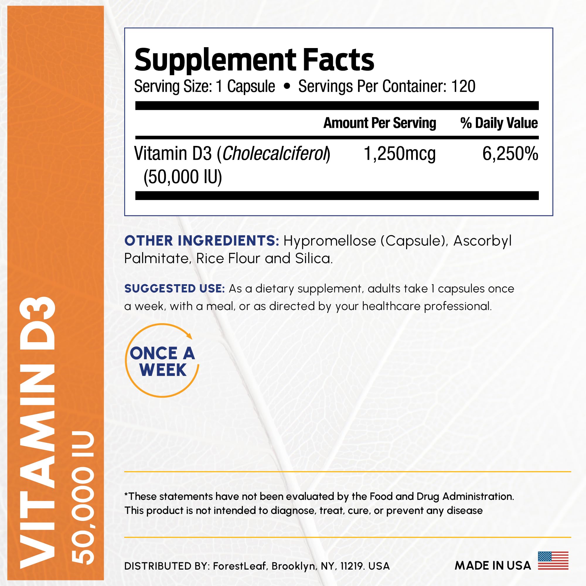 ForestLeaf Vitamin D3 50,000 IU | VIT D - Kosher VIT D3 Vitamin D Supplement for Women and Men | Bone Health, Teeth, Immune Support