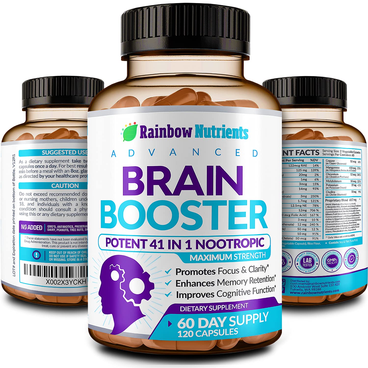 40-in-1 Brain Booster Supplements for Memory, Focus, Clarity, Energy, Performance | Natural Nootropic Brain Support Supplement with DMAE, Bacopa Monnieri & More | For Men & Women | 120 V Capsules Rainbow Nutrients, LLC Au supplements