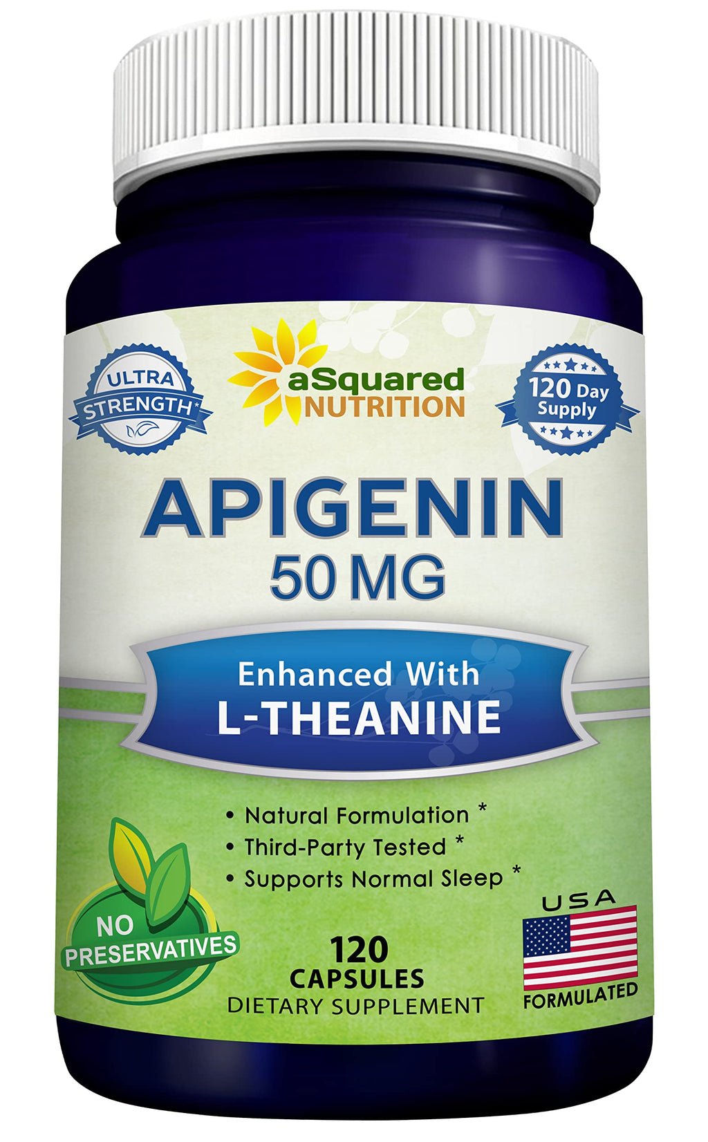 aSquared Nutrition Apigenin 50mg & L-Theanine 200mg - 120 Capsules - Apigenin Supplement Pills for Sleep and Relaxation