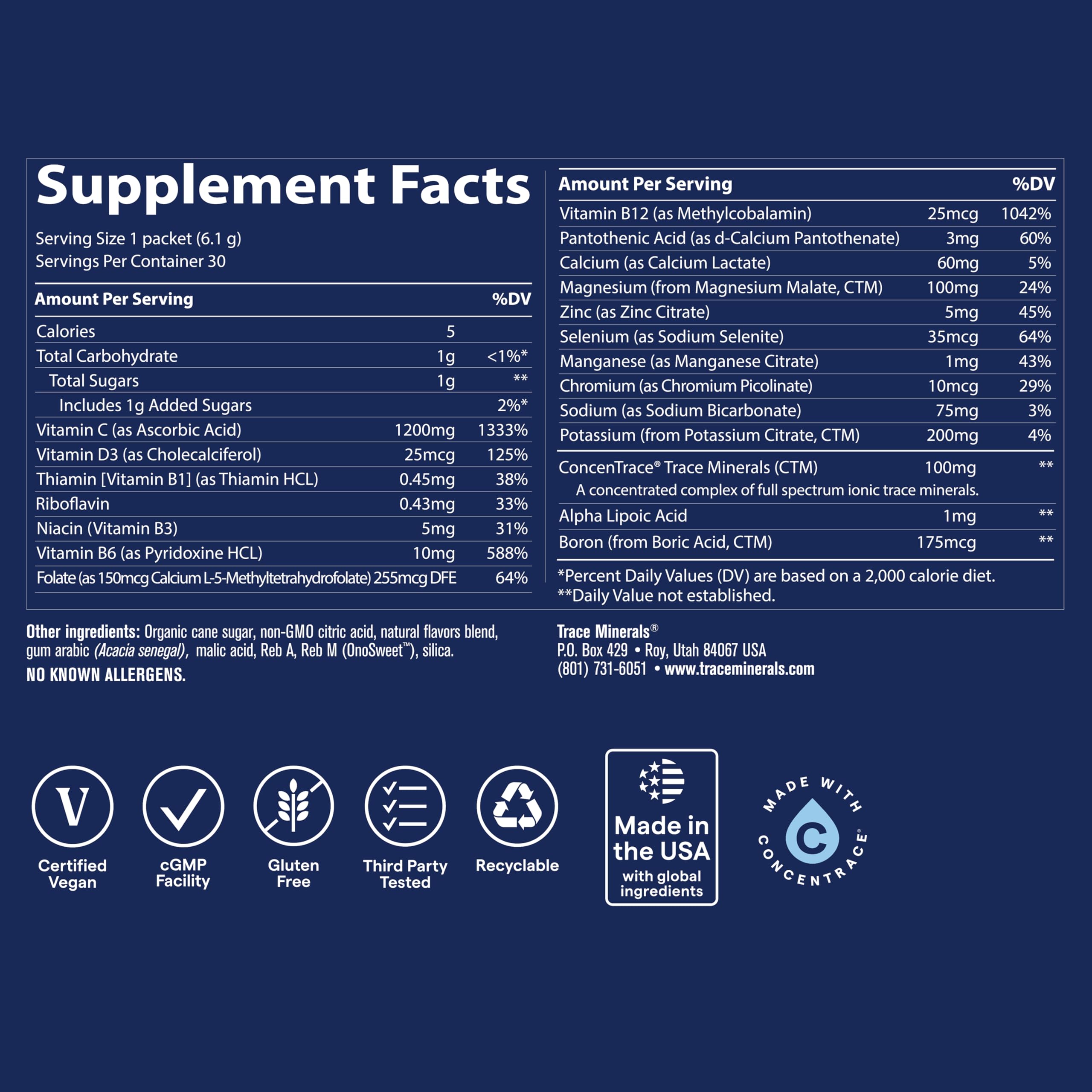 Trace Minerals Power Pak Multivitamin and Multimineral Packets - Electrolyte Support - 1200 mg Vitamin C plus 70+ Trace Minerals - Lemon Lime Flavor - 30 Packets