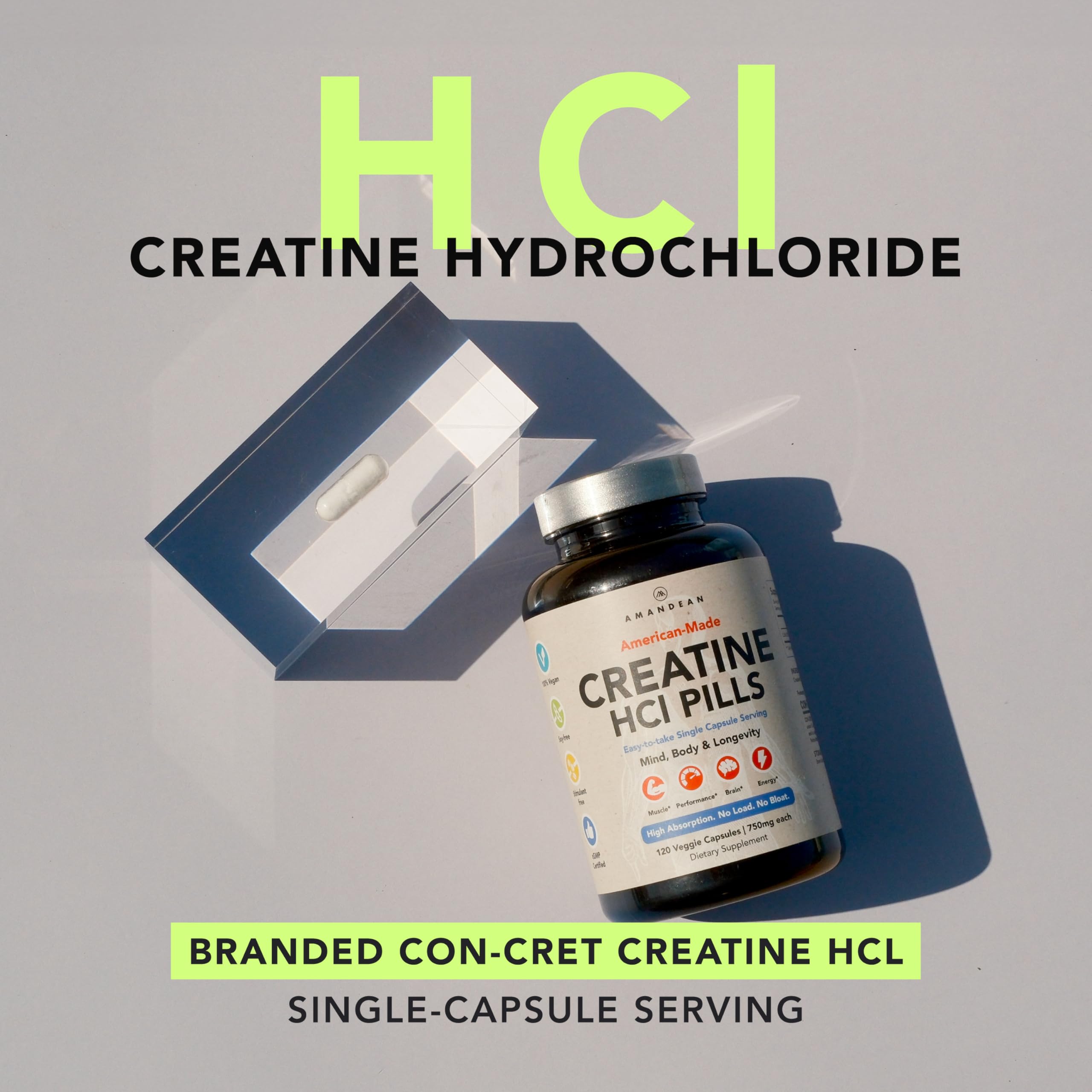 AMANDEAN Creatine HCl Pills. American Made CON-CRET. 120 Capsules. 7X Concentrated. No Bloat. Muscle, Energy, Cognitive, Recovery Support for Men & Women. Gluten Free, Non-GMO.