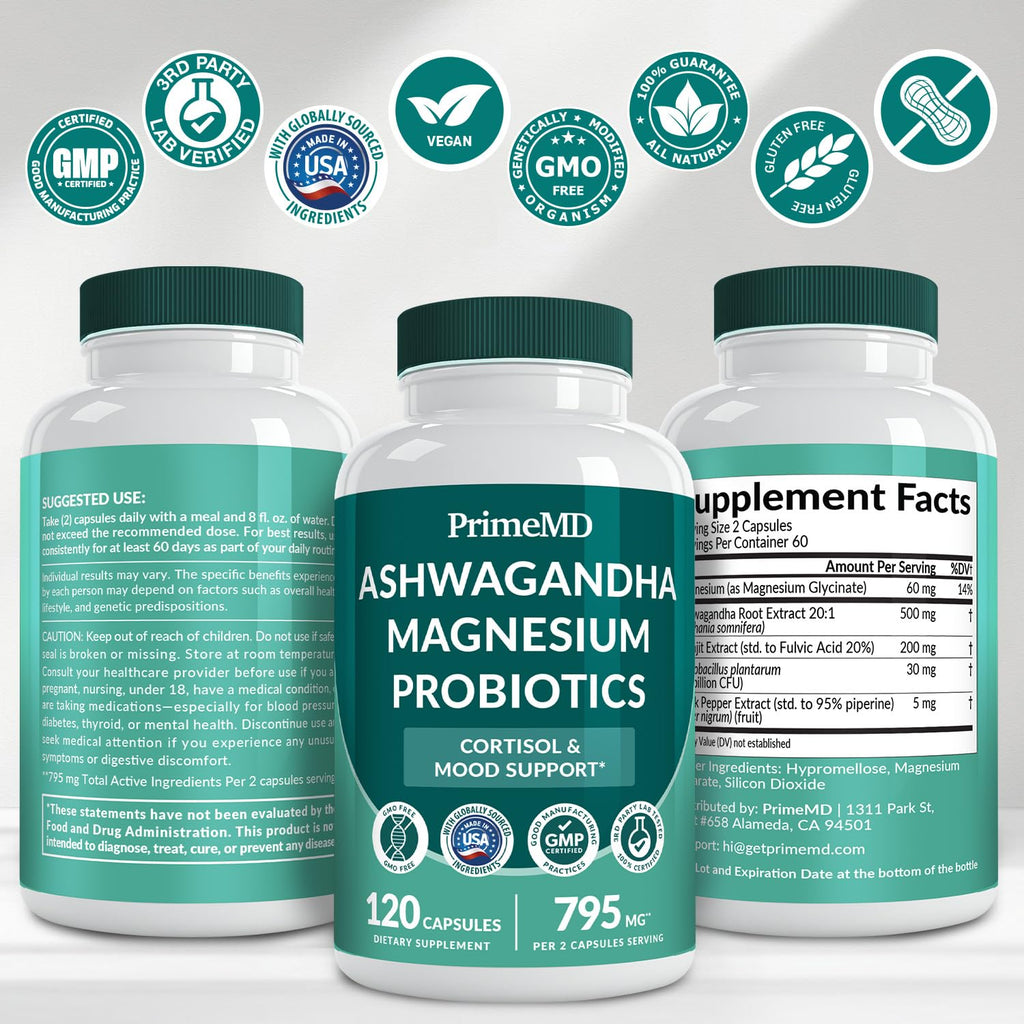 5-in-1 Cortisol Supplement for Women and Men with Ashwagandha for Calmness, Focus, and Adrenal Support Supplements with Shilajit Extract, Magnesium Glycinate, Probiotics (120 ct) (Pack of 1) PrimeMD Au supplements