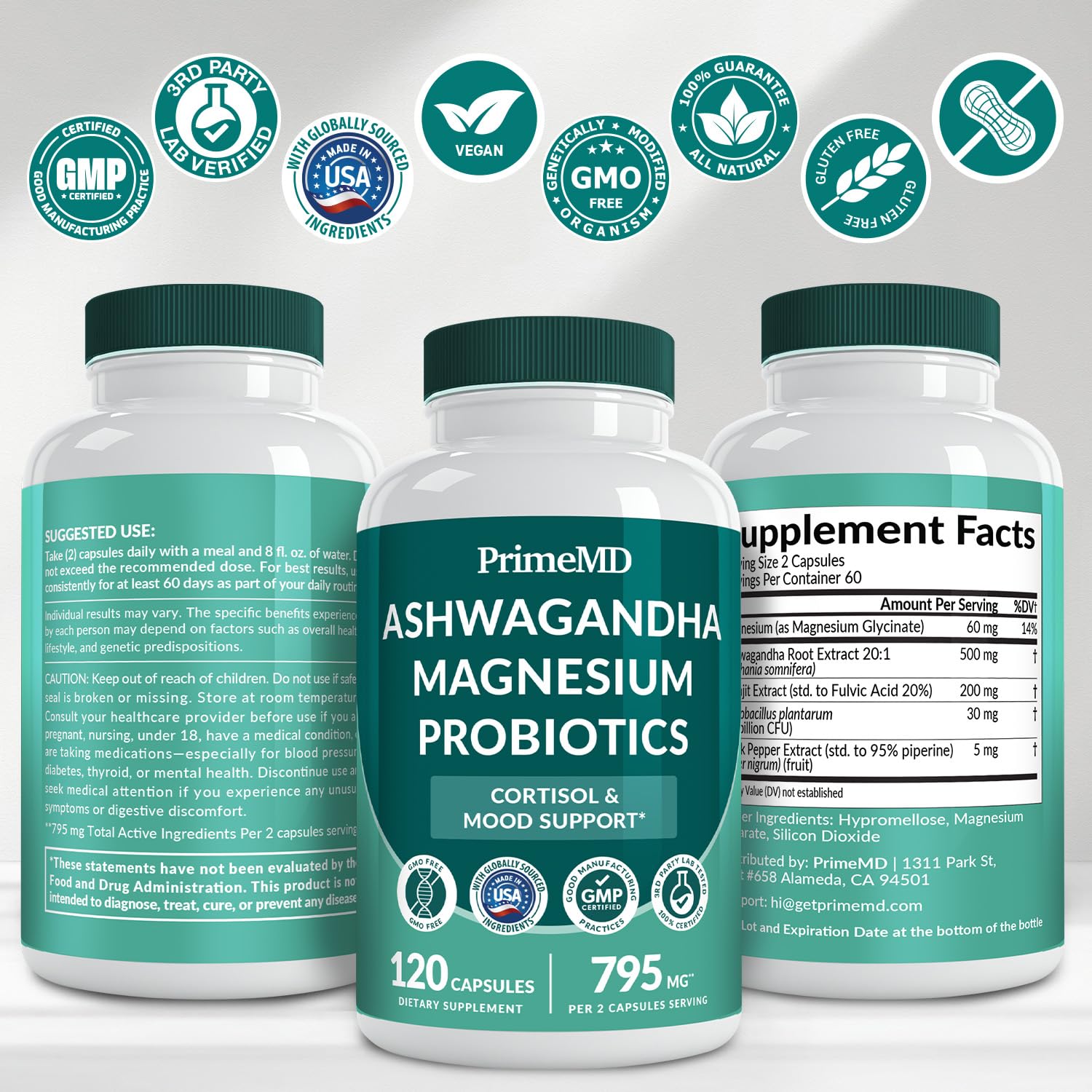 5-in-1 Cortisol Supplement for Women and Men with Ashwagandha for Calmness, Focus, and Adrenal Support Supplements with Shilajit Extract, Magnesium Glycinate, Probiotics (120 ct) (Pack of 1) PrimeMD Au supplements