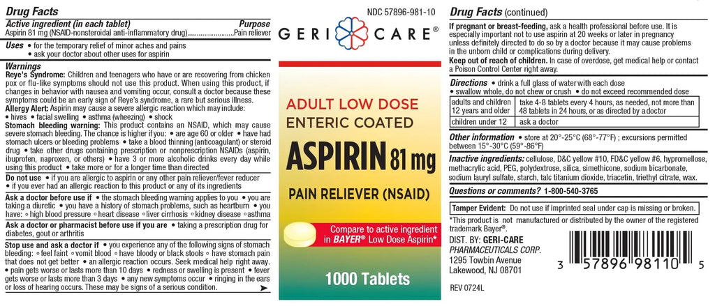 Low dose Baby Aspirin 81mg for Adults. (NSAID) | Made in USA | (Value Pack 1,000 Enteric Coated Tablets) MedRite Au supplements