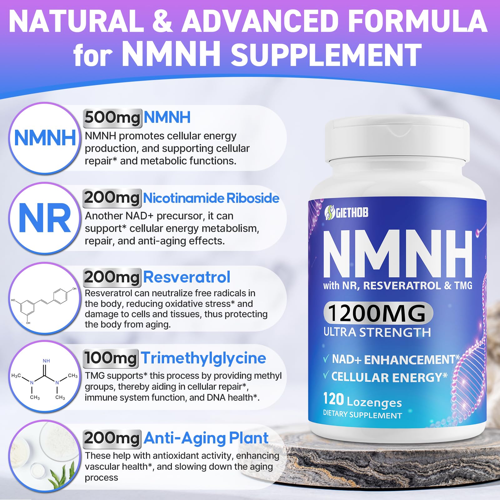 Wriayrui Sublingual NMNH (Dihydronicotinamide Mononucleotide), NMN Supplement Alternative, NAD+ Levels as We Age, Anti-Aging, Energy, NAD Resveratrol Supplement with w/NR, Resveratrol & TMG 120 Count Wriayrui Au supplements