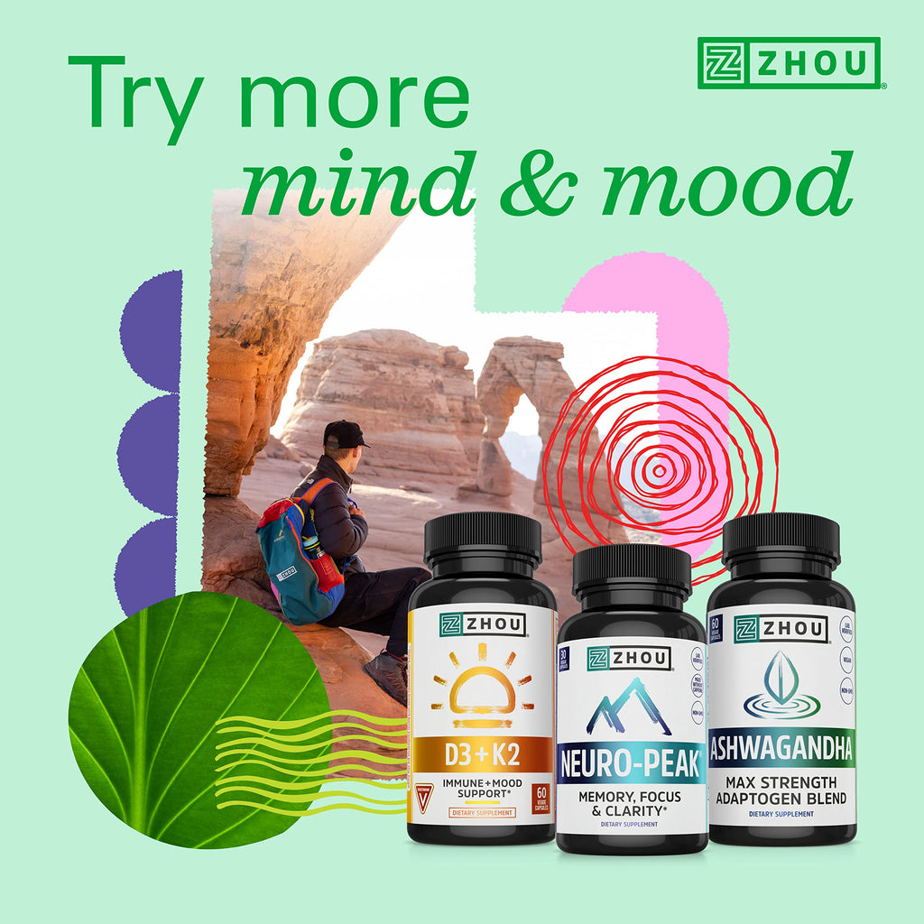 Zhou Energy + Focus - L Theanine Caffeine Pills, 200mg L-Theanine, 100mg Natural Anhydrous Caffeine Boost for Adults, Men & Women, Slow Extended Release - 60 Vegetarian Capsules (Pack of 1) ZHOU Au supplements