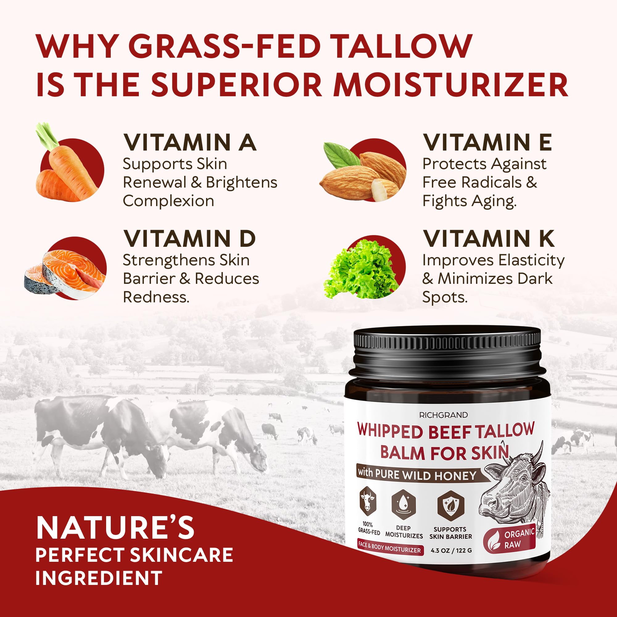 RICHGRAND Beef Tallow for Skin - Whipped Tallow and Honey Balm - Grass Fed Beef Tallow for Face, Daily Moisturizer & Body Butter