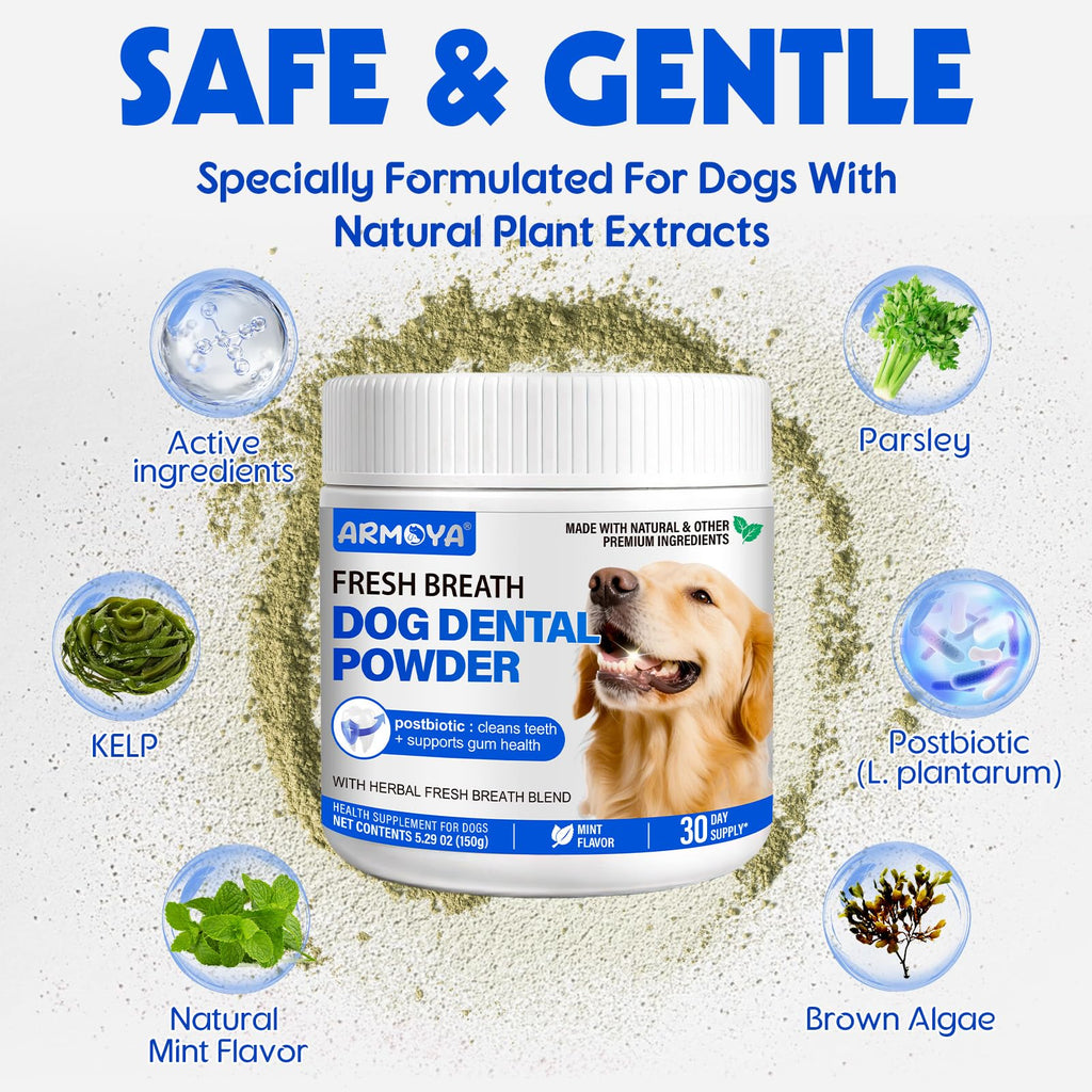 Dog Teeth Cleaning Powder - Dental Powder for Dogs Teeth - Plaque Removal - Supports Gum Health - Tartar Remover with Natural Herb Blend and Postbiotics 30 Day Supply - Mint Flavor ARMOYA Au supplements