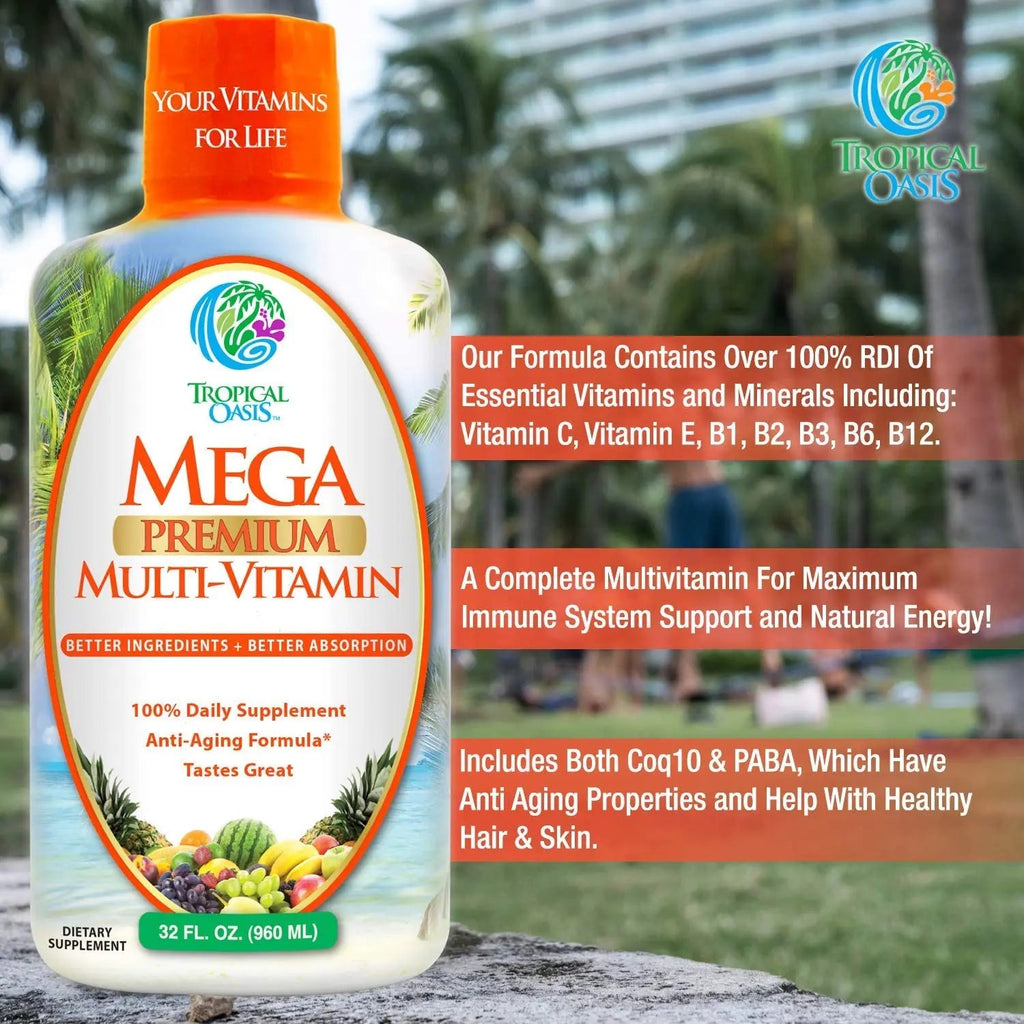 Mega Premium Liquid Multivitamin | Natural Immune Support Vitamin w/ 1333% Vitamin C, 200% D3, Zinc + 20 Vitamins, 70 Minerals, & 21 Amino Acids | Sugar Free Tropical Oasis Au supplements