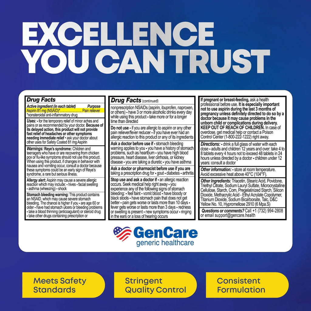 GenCare - Low Dose Aspirin 81mg for Adults Coated (NSAID) 500 Tablets | Adult Low Dose | Enteric Coated Aspirin Pills | Muscle Pain & Menstrual Pain Relief | Fever Reducer | Generic Bayer GenCare Au supplements