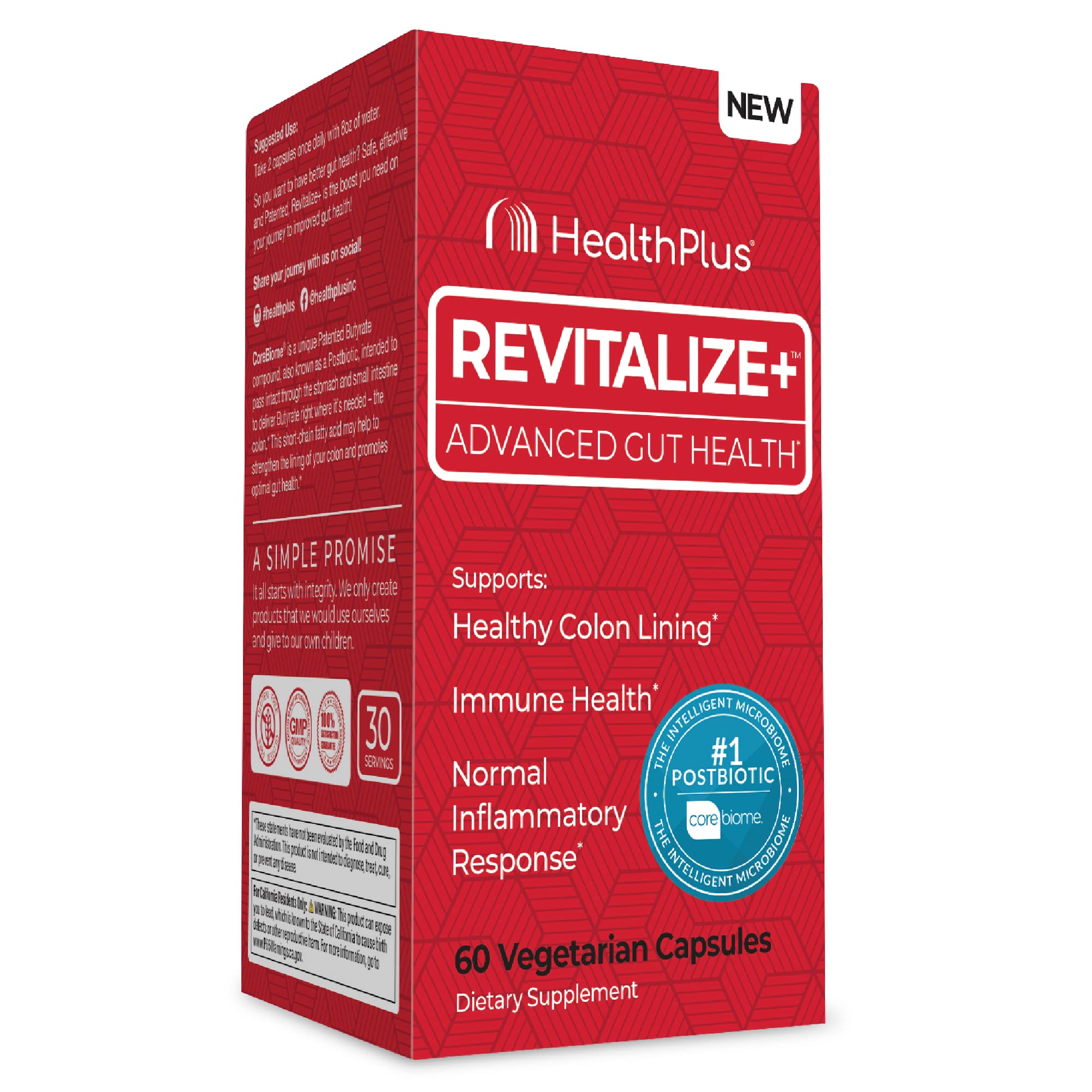 Health Plus Revitalize+ CoreBiome Butyrate Postbiotic for Complete Digestive Health, Leaky Gut & Colon | Gut Health Supplement for Men & Women | 60 Capsules, 30 Servings Health Plus Au supplements