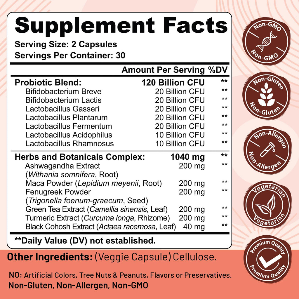 Menopause supplements for women, 120 Billion CFU Probiotic, 13-in-1 Herbs & Botanicals Complex, for Hormone Menopause, Hot Flashes, Night Sweats, Mood Swings, Sleep Disturbances, Vegan, 60 Capsules Trehealtt Au supplements