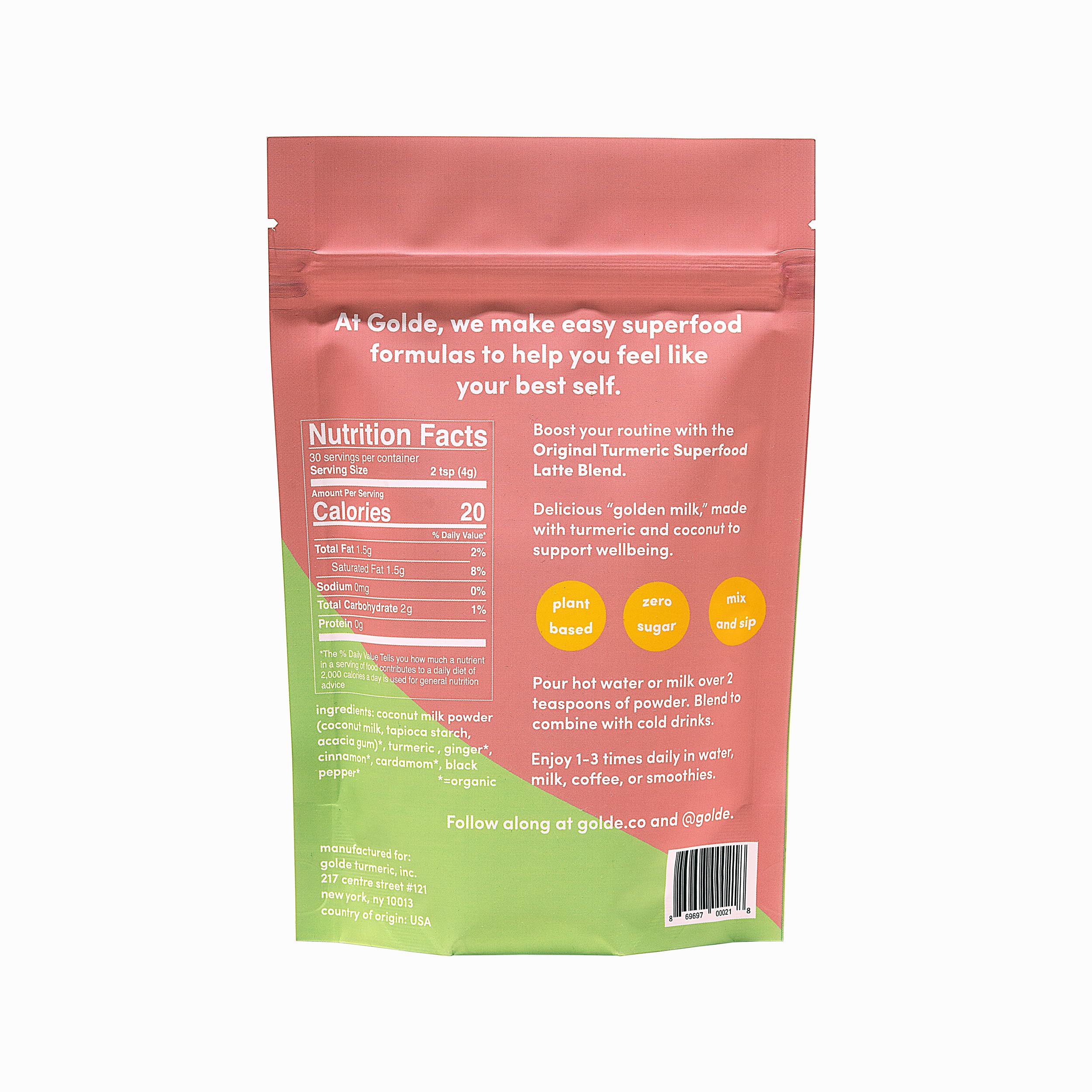 GOLDE - Superfood Latte Blend - Original Turmeric - Plant-Based w/Coconut, & Ginger - Vegan, Keto, Sugar-Free - 30 Servings GOLDE Au supplements