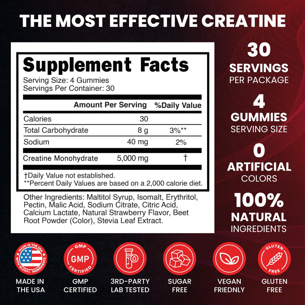 Creatine Monohydrate 5000mg Gummies, Pre-Workout 5g Creatine Gummy Supplement for Men & Women: Muscle Builder & Energy Boost, Sugar Free, Vegan, Strawberry Flavor, (120 Count) Made in USA Nature's Evergreen Au supplements