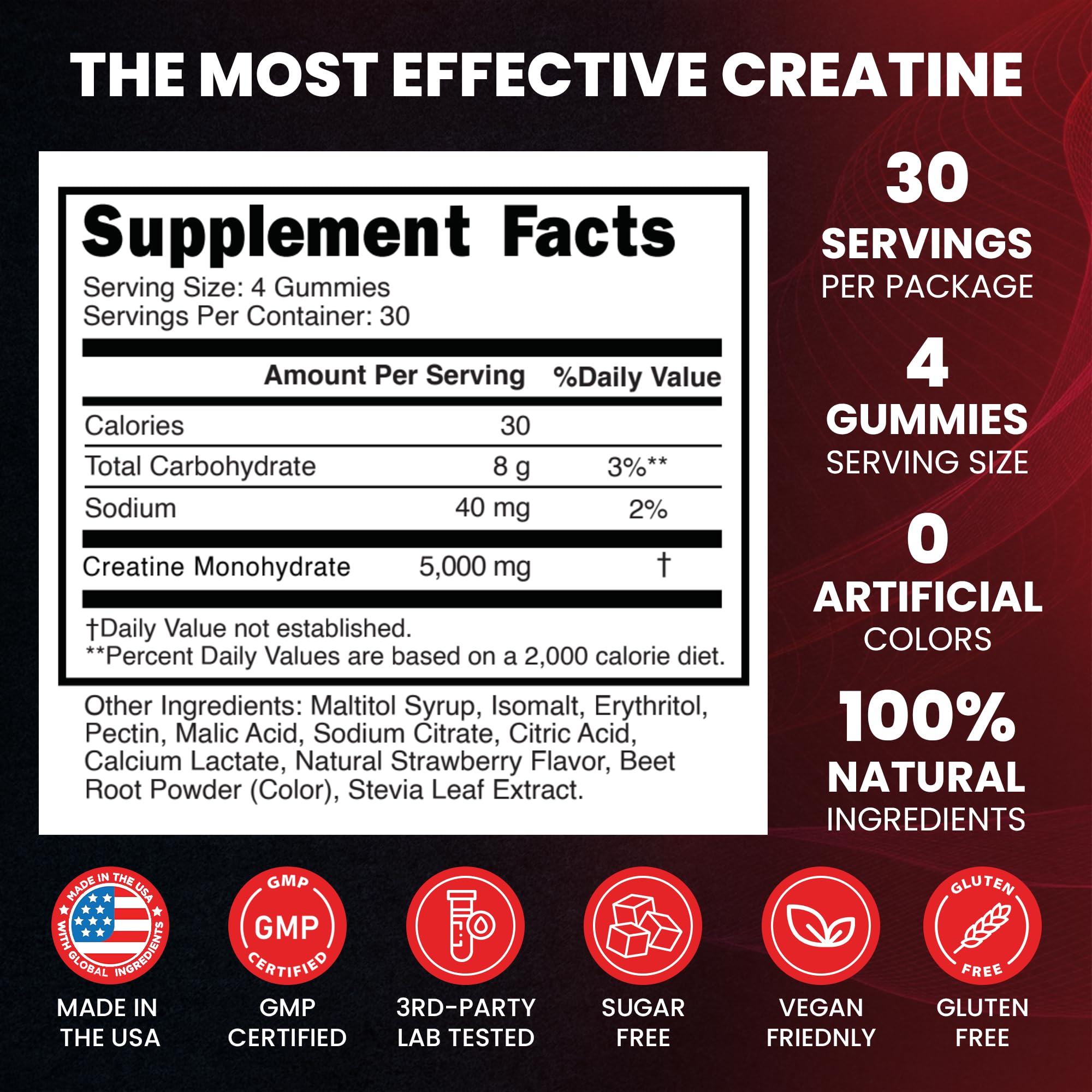 Creatine Monohydrate 5000mg Gummies, Pre-Workout 5g Creatine Gummy Supplement for Men & Women: Muscle Builder & Energy Boost, Sugar Free, Vegan, Strawberry Flavor, (120 Count) Made in USA Nature's Evergreen Au supplements