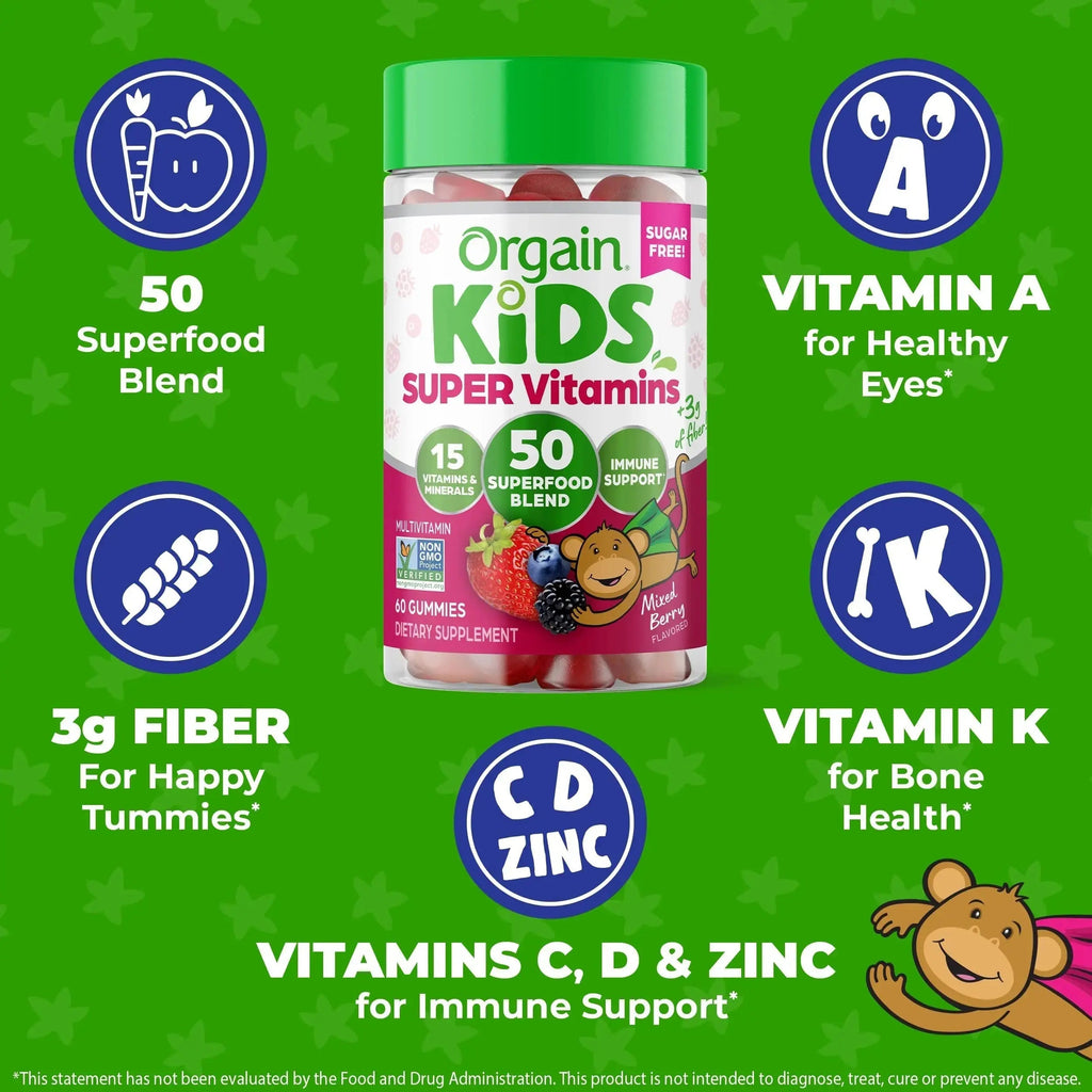 Orgain Kids Sugar Free Multivitamin Gummies, Vegan & Plant Based, 50 Superfoods, 15 Vitamins and Minerals, Immune Support and 3g of Fiber Orgain Au supplements