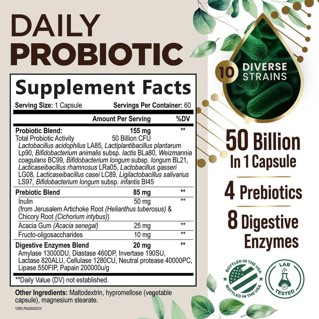 Probiotics 50 Billion CFU per Serving - 10 Strains + Prebiotics - Digestive Health, Gut & Immune Support - Occasional Constipation, Gas & Bloating Support for Women & Men, Bottled USA - 60 Capsules Health Nutrition Naturals Au supplements