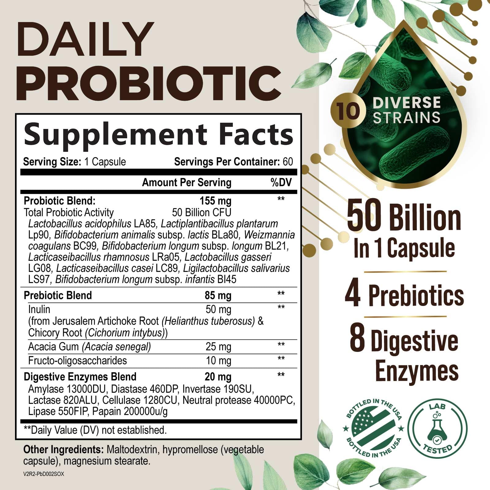 Probiotics 50 Billion CFU per Serving - 10 Strains + Prebiotics - Digestive Health, Gut & Immune Support - Occasional Constipation, Gas & Bloating Support for Women & Men, Bottled USA - 60 Capsules Health Nutrition Naturals Au supplements
