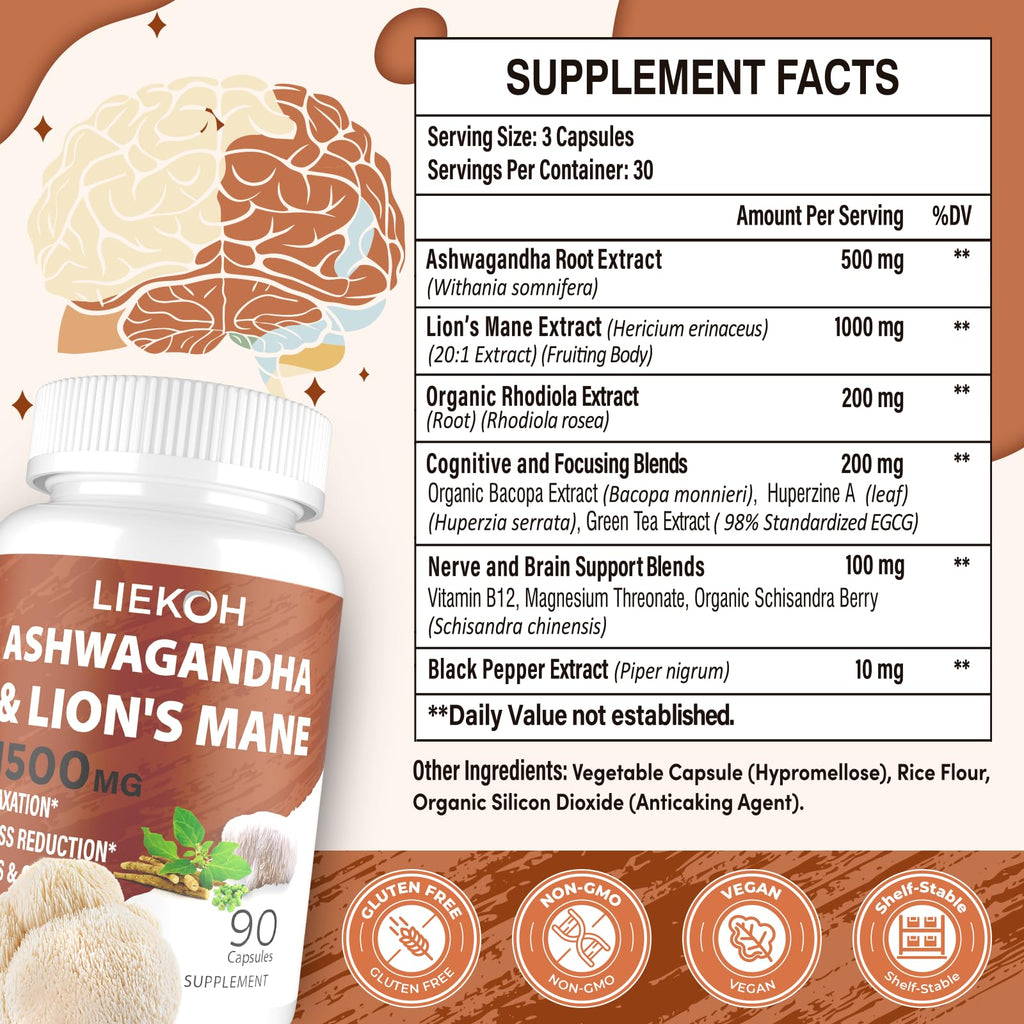 Liekoh Ashwagandha & Lions Mane Supplement Capsules, Brain Supplements for Memory and Focus, Ashwagandha Supplement with Rhodiola & Black Peppe, Cortisol Supplements for Women & Men,90 Caps Liekoh Au supplements