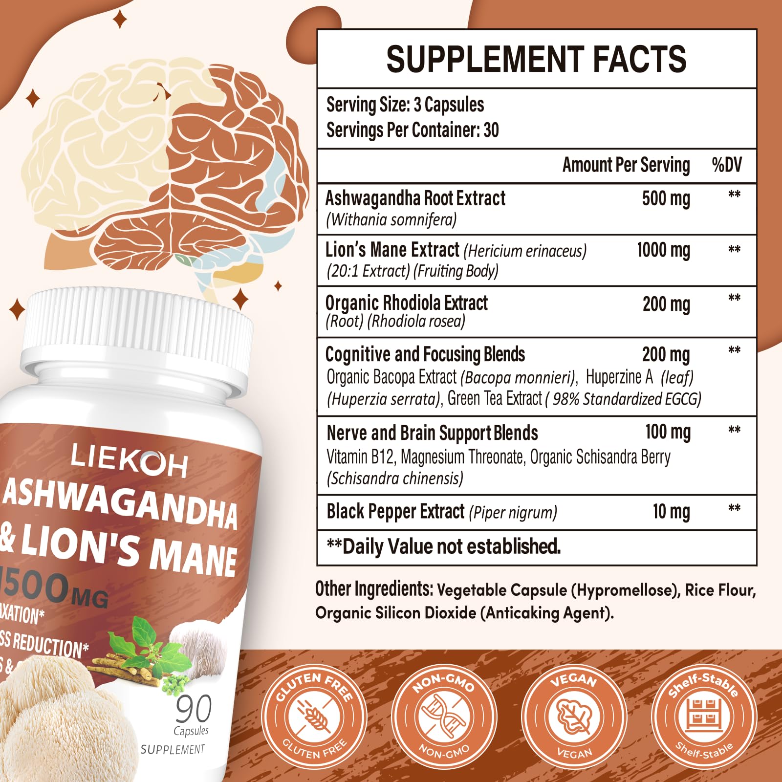 Liekoh Ashwagandha & Lions Mane Supplement Capsules, Brain Supplements for Memory and Focus, Ashwagandha Supplement with Rhodiola & Black Peppe, Cortisol Supplements for Women & Men,90 Caps Liekoh Au supplements