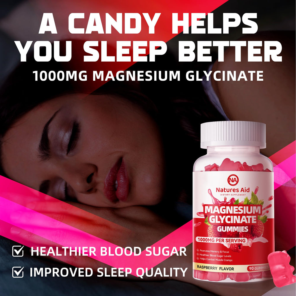 Natures Aid Magnesium Glycinate Gummies 1000mg - Sugar Free Magnesium Potassium Supplement with Vitamin D, B6, CoQ10 for Calm Mood