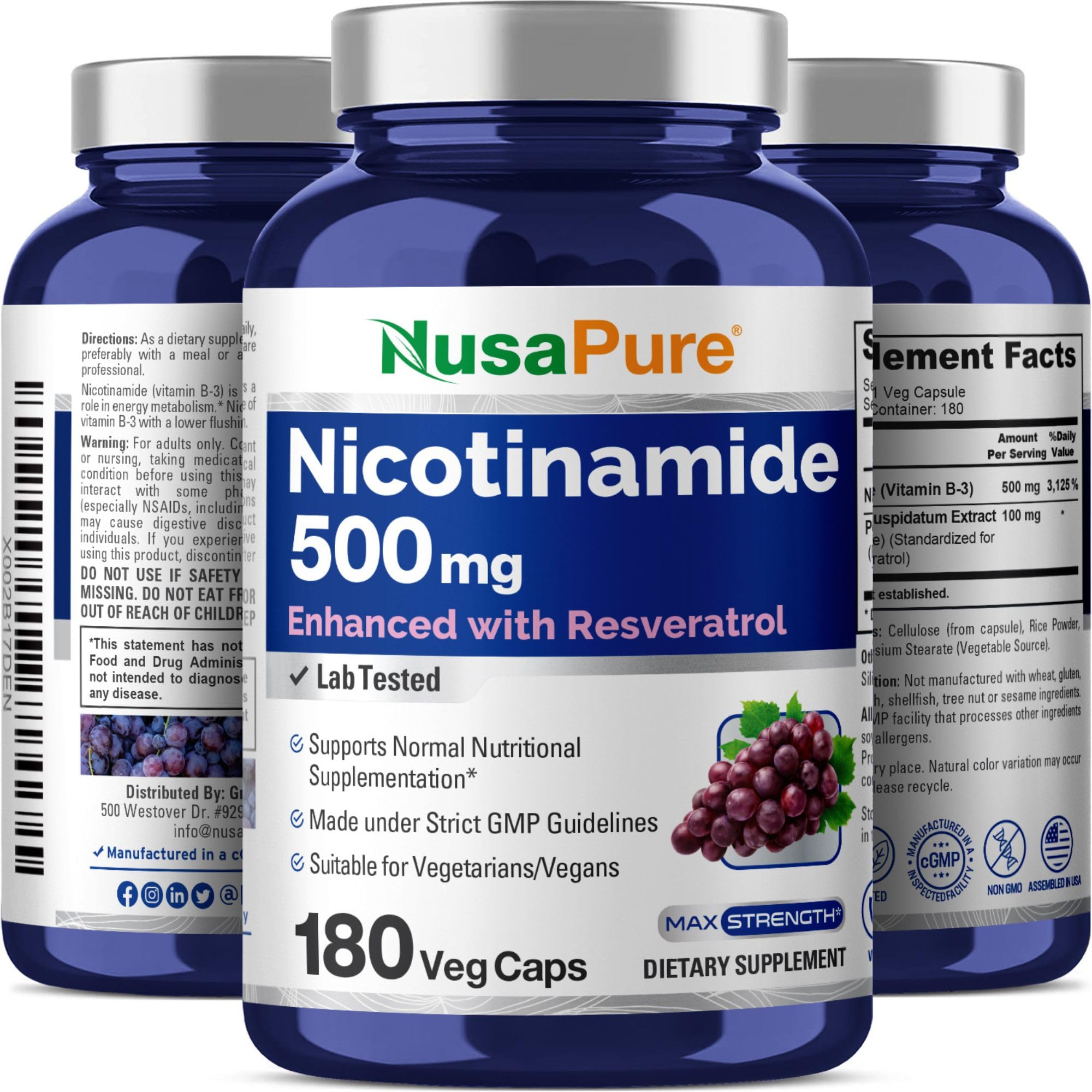 NusaPure Nicotinamide with Resveratrol (Vitamin B-3) 500 mg - 180 Vegetarian Caps (Non-GMO & Vegan) NusaPure Au supplements