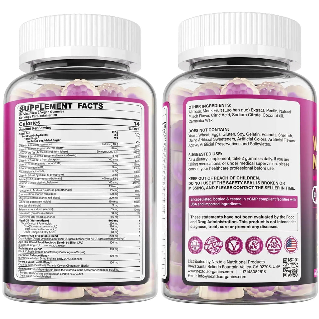 Multivitamin for Women 50 Plus Gummies, Vegan Omega 3, Methylfolate, Calcium, D3 K2, CoQ10, Daily Vitamin A C E, Methylated B12, Biotin, B Complex Nextdia Au supplements