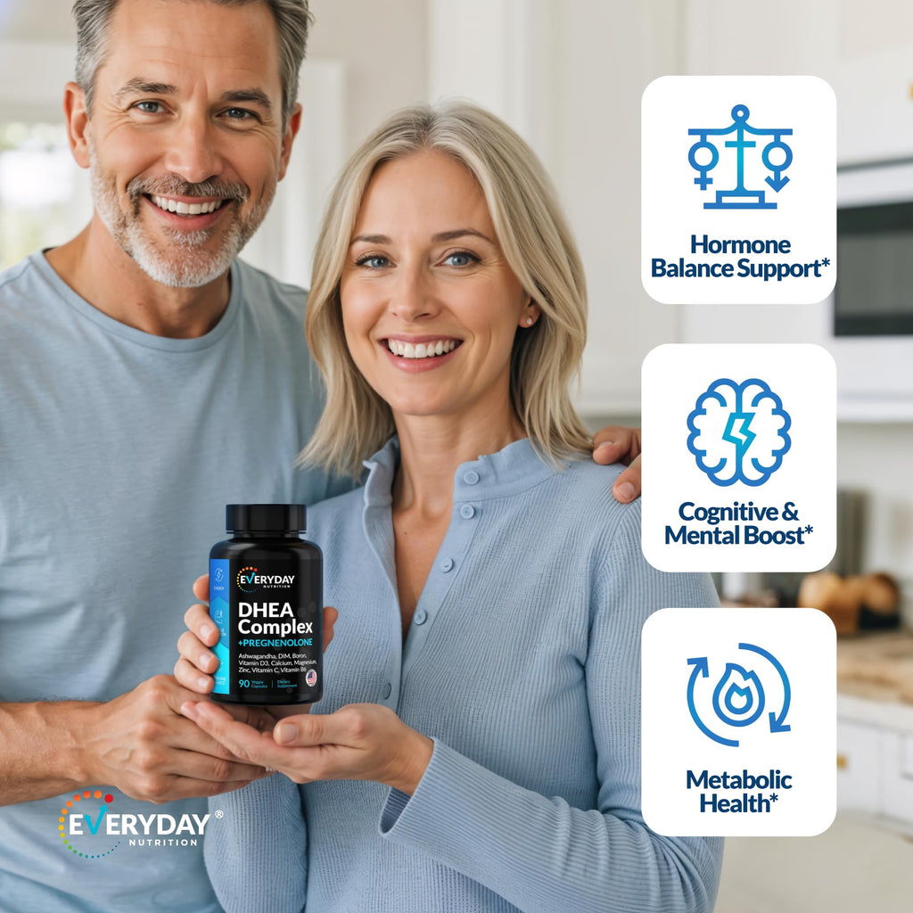 DHEA Micronized 200mg Complex with Pregnenolone 100mg Supplement for Men & Women with Ashwagandha, DIM, Magnesium, Boron, Calcium , Zinc, Vitamin D3, C and B6 Hormone Support - Made in USA 90 Capsules EVERYDAY NUTRITION Au supplements