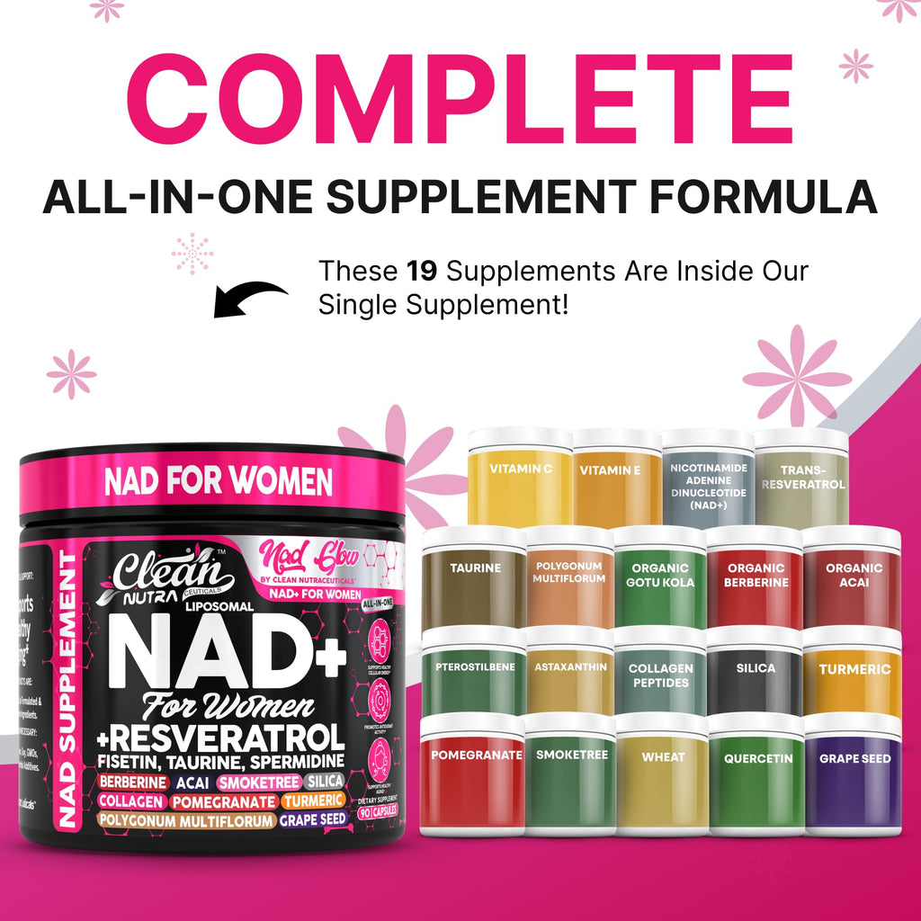 NAD+ Resveratrol Supplement for Women NAD Turmeric Vitamin C Acai Pomegranate Collagen Peptides Nicotinamide Riboside Fisetin Vitamin E Polygonum Multiflorum Berberine 90 Capsules by Clean Nutra Clean Nutraceuticals Au supplements
