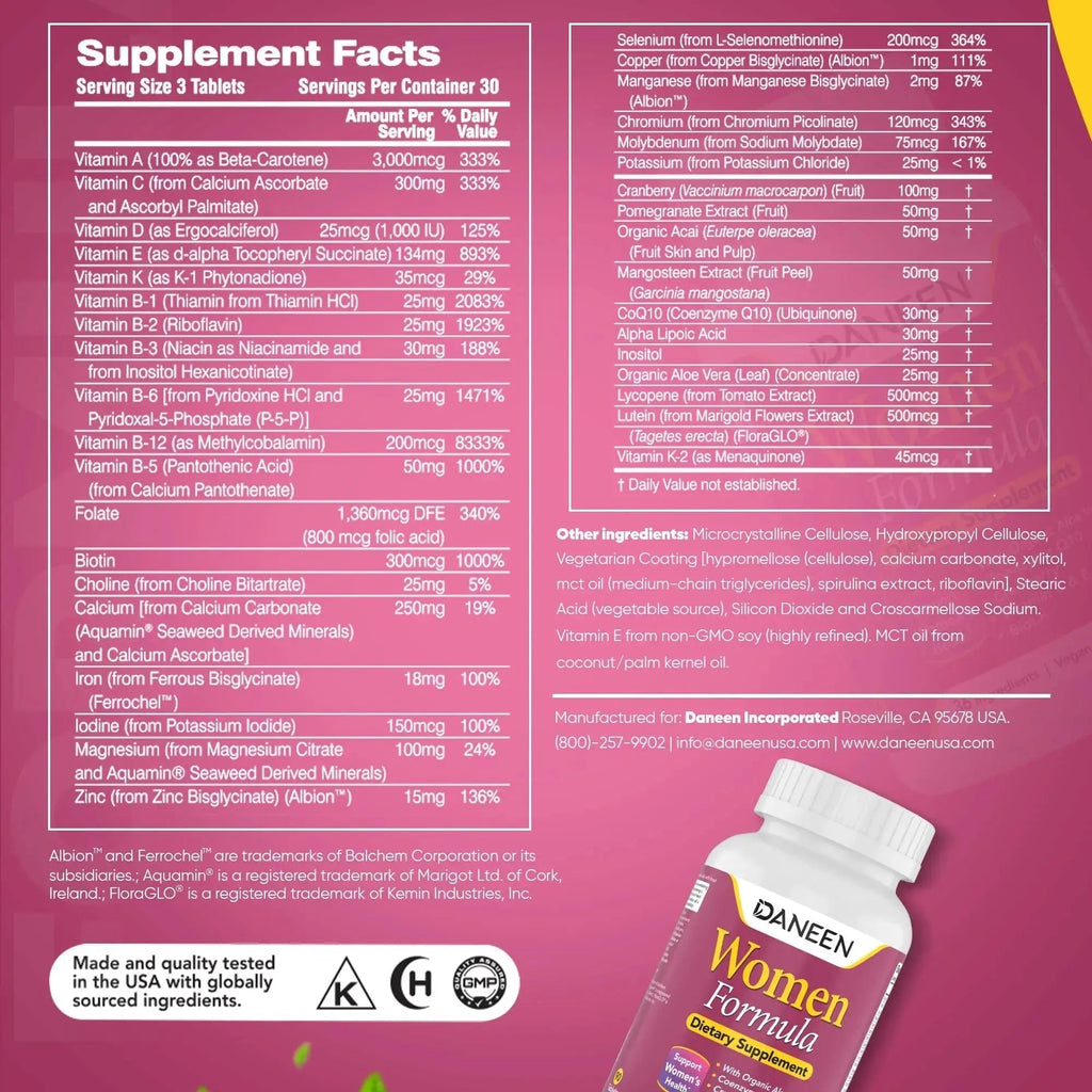 DANEEN Daily Multivitamin for Women - 36 Essential Ingredients - 90 Tablets - Vitamins for Women Multivitamin DANEEN Au supplements