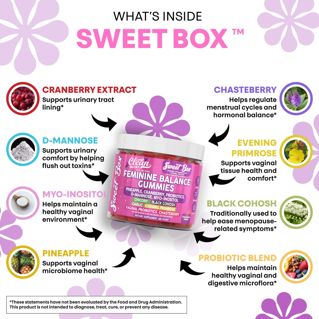 Clean Nutra Feminine Balance Gummies for Women Pineapple VaginalProbiotics pH Balance Cranberry D Mannose Supplement Inositol Black Cohosh Evening Primrose Garlic Vitex GLA Prebiotics Folate 60ct Clean Nutraceuticals Au supplements