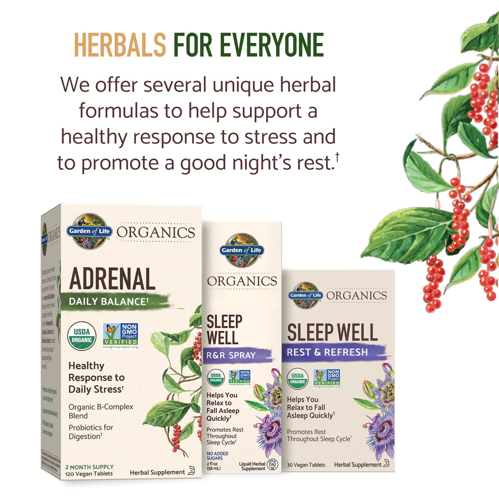 Garden of Life Organics Adrenal Daily Balance, Adaptogenic Herbs Ashwagandha, Holy Basil, B Complex & Probiotics, Organic Non-GMO, Vegan, Gluten Free Supplement, Two Month Supply, 120 Tablets Garden of Life Au supplements