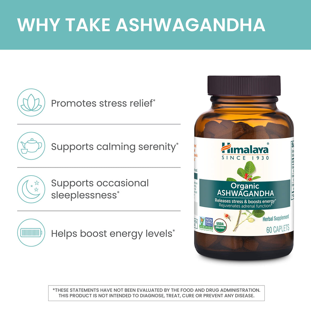 Himalaya Organic Ashwagandha Root - Adrenal Support, Stress Relief, Vegan, Non-GMO - 670 mg, 60 Caplets Himalaya Au supplements