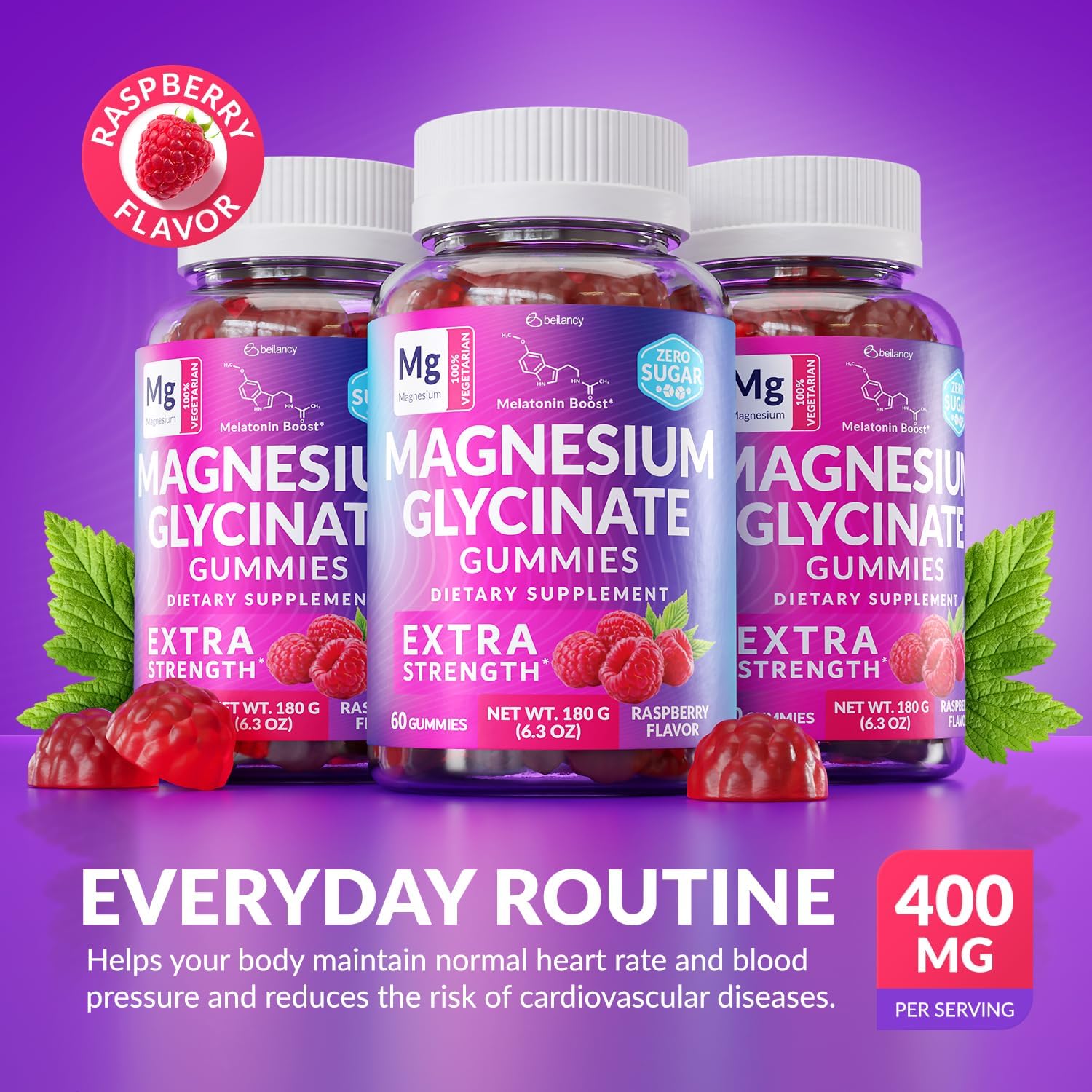 Magnesium Glycinate Gummies 400mg, Muscle Support and Relaxation, Magnesium Supplement for Women, Men and Kids, High Absorption, Sugar Free,