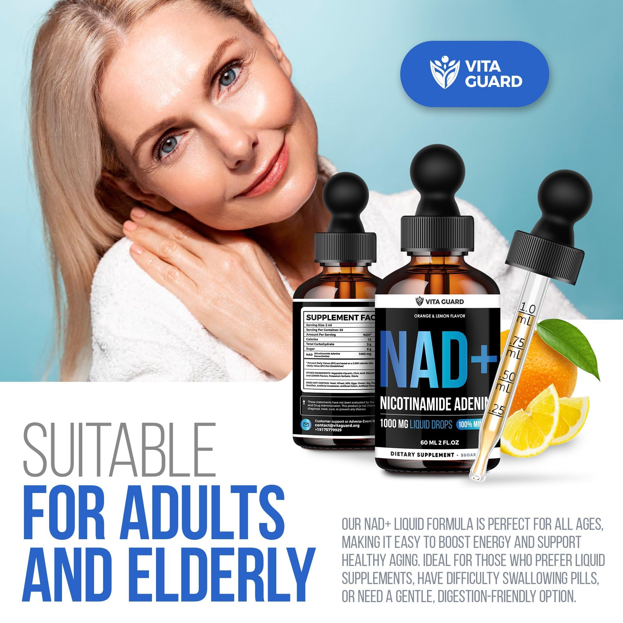 Vita Guard Pure NAD+ Supplements 1000mg Liquid Drops for Women & Man | Nicotinamide Adenine Similar to Nicotinamide Riboside NAD Plus Boosting Supplement - Natural Lemon & Orange Flavor Vita Guard Au supplements