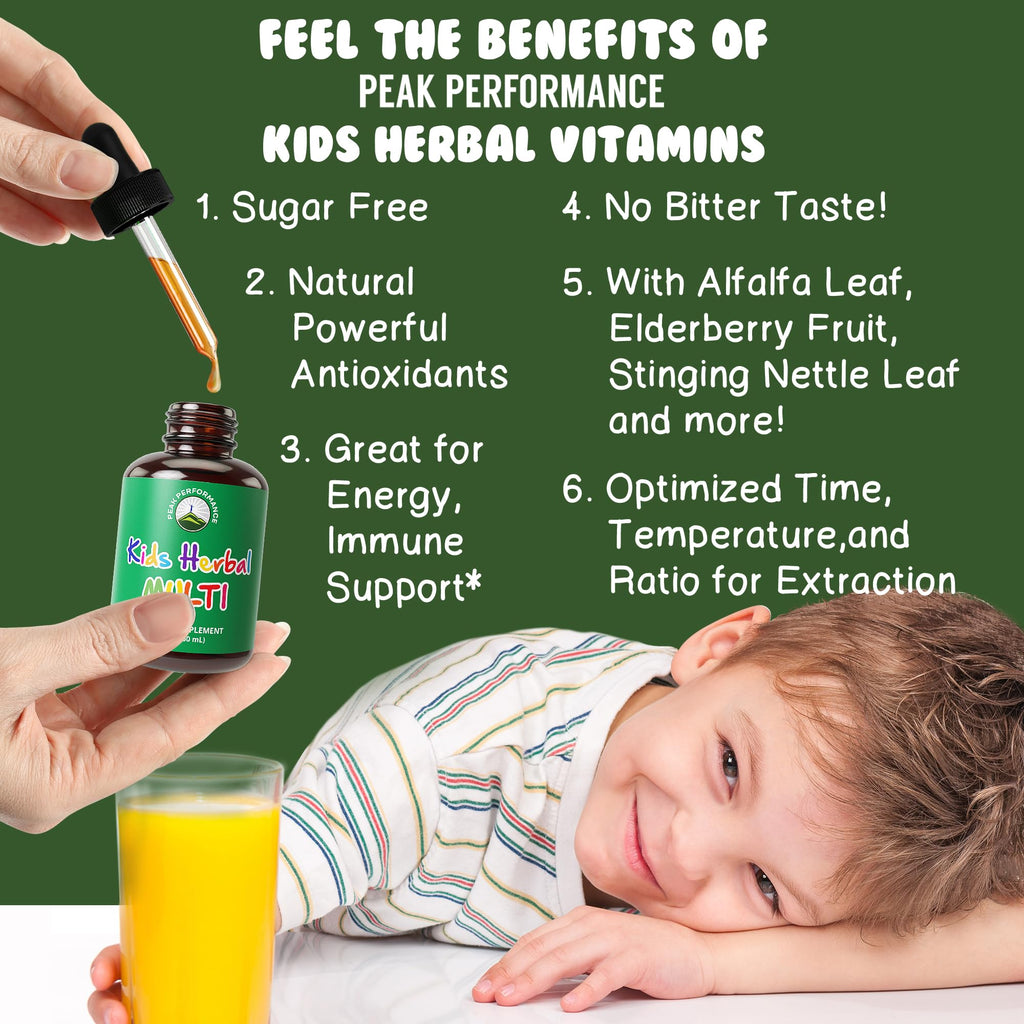 Kids Vitamins from Herbs. Liquid Kids Herbal Multivitamin. No Bitter Taste. Sugar Free 14-in-1 Vegan Supplement Drops for Toddlers, Children, Teens. Mixed in Water They Won't Even Taste It Peak Performance Au supplements