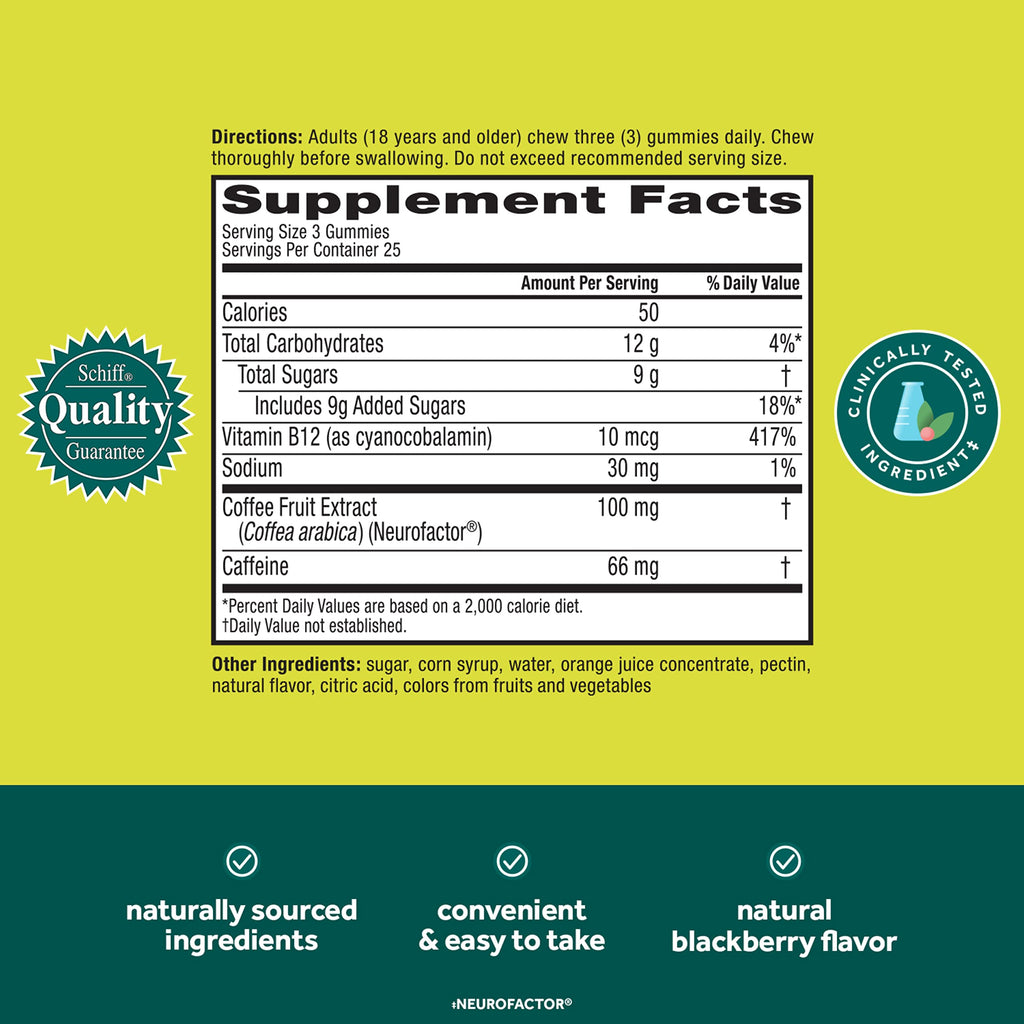 NEURIVA Brain + Energy Gummies, Nootropic Brain Supplements for Focus and Concentration with Neurofactor, Vitamin B12 & Caffeine for an Energy Boost*, 75ct Natural BlackBerry NEURIVA Au supplements