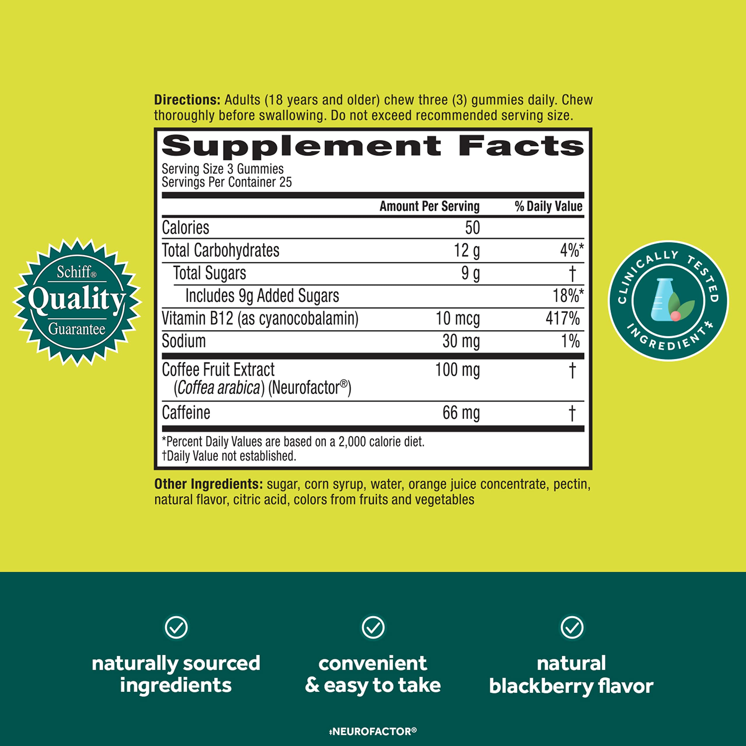 NEURIVA Brain + Energy Gummies, Nootropic Brain Supplements for Focus and Concentration with Neurofactor, Vitamin B12 & Caffeine for an Energy Boost*, 75ct Natural BlackBerry NEURIVA Au supplements