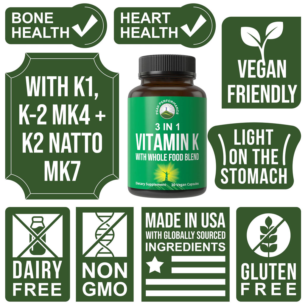 Vitamin K with Whole Food Blend of 25+ Vegetables and Fruits for Max Absorption. Vegan Capsules Supplement. Vitamins K1, K-2 MK4 + K2 Natto MK7. Alternative to Drops, Gummies. VIT K with K 2 and MK-7 Peak Performance Au supplements