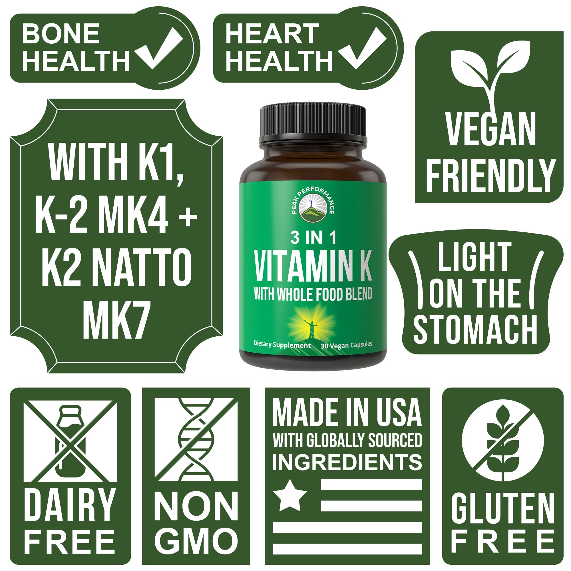 Vitamin K with Whole Food Blend of 25+ Vegetables and Fruits for Max Absorption. Vegan Capsules Supplement. Vitamins K1, K-2 MK4 + K2 Natto MK7. Alternative to Drops, Gummies. VIT K with K 2 and MK-7 Peak Performance Au supplements