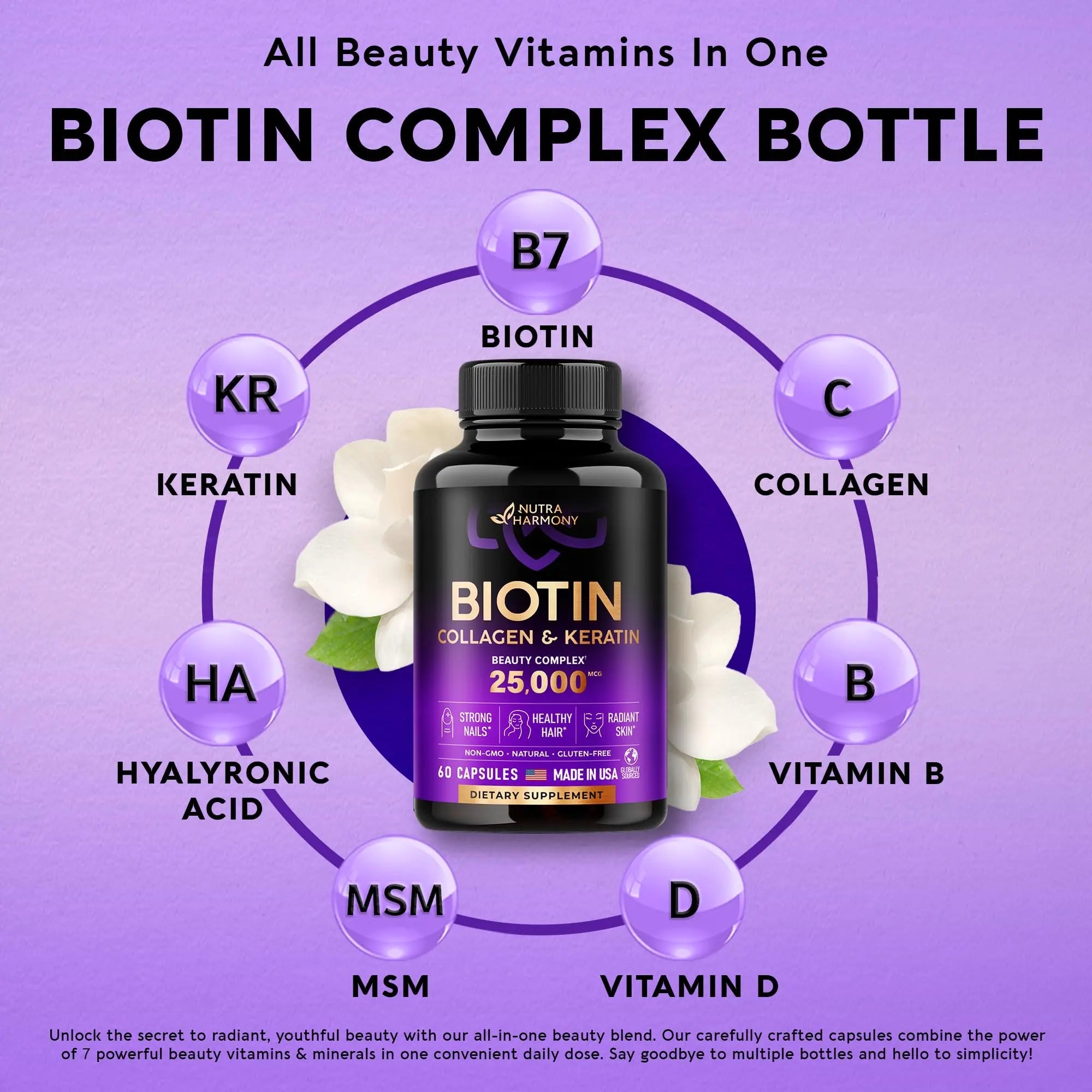 Biotin | Collagen | Keratin | Hyaluronic Acid - Hair Growth Support Pills, 25000 mcg NUTRAHARMONY Au supplements