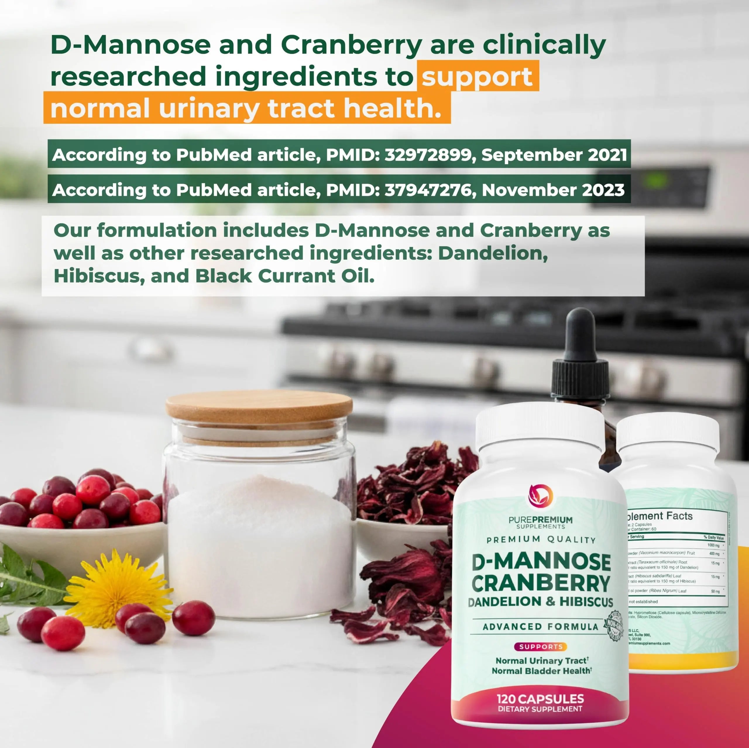 PurePremium D-Mannose with Cranberry, Hibiscus & Dandelion - 1000mg D-Mannose Supplements for Women Supports Urinary Tract Health & Bladder Health - Made in USA, Vegan, 120 Capsules, 2 Month Supply PurePremium Supplements Au supplements